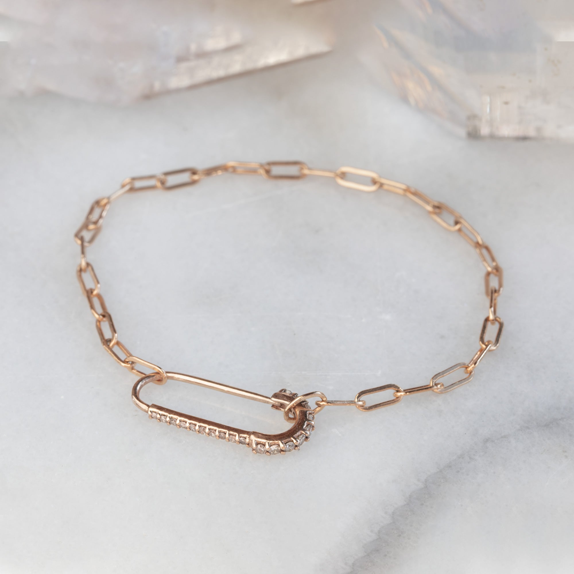 The White Diamond Pavé Pin Bracelet in 14k Rose Gold on White Marble