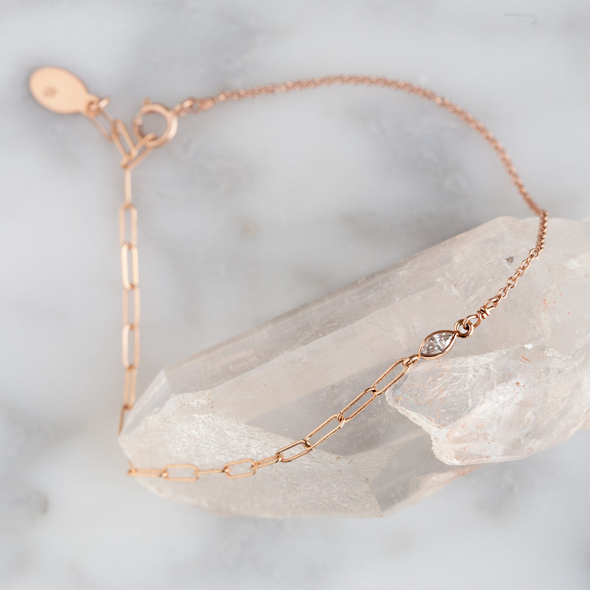 The Asymmetrical Diamond Eye Bracelet in 14K Rose Gold on White Crystal