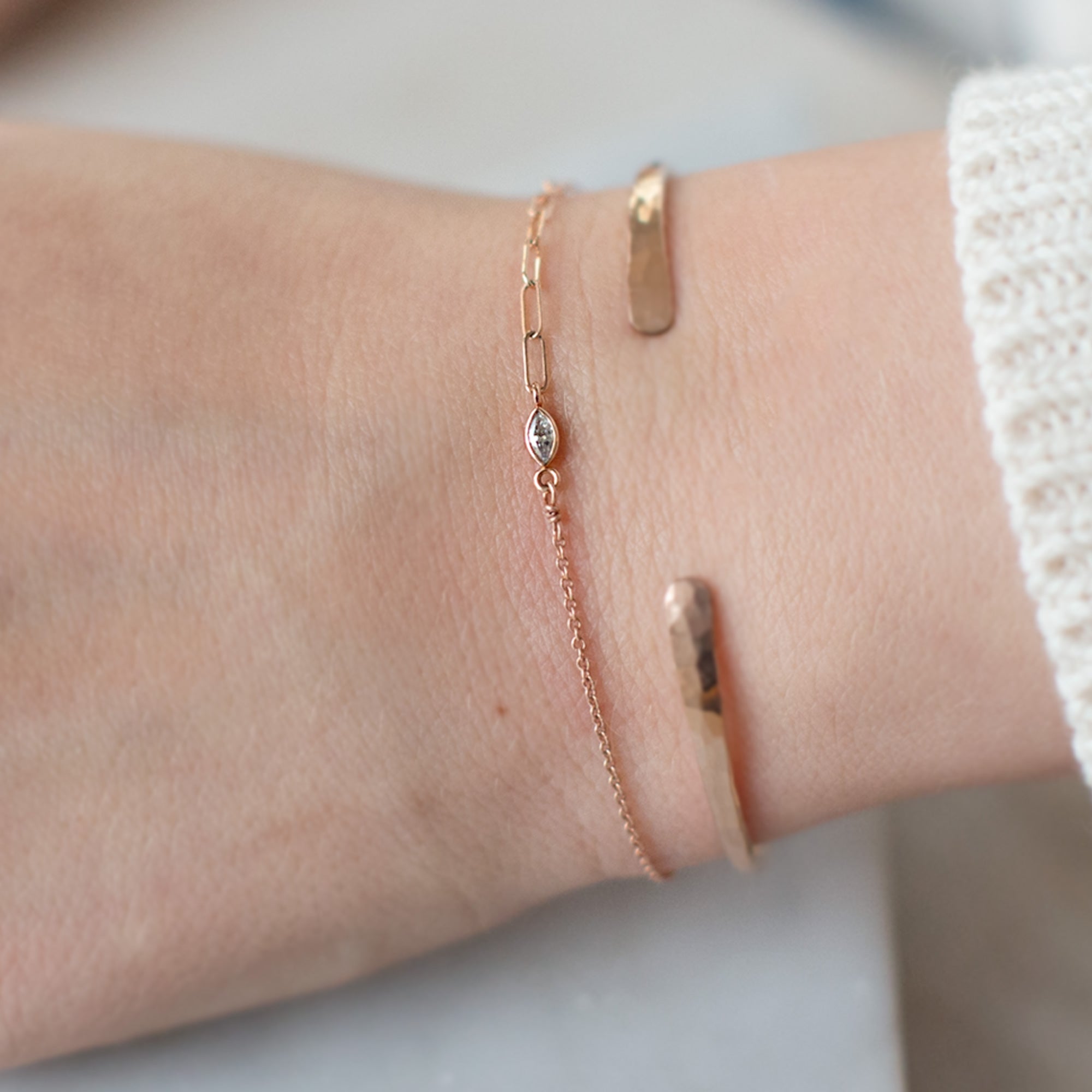 buy:the-asymmetrical-diamond-eye-bracelet-14k-rose-gold,the-hammered-open-cuff-bracelet-gold-filled