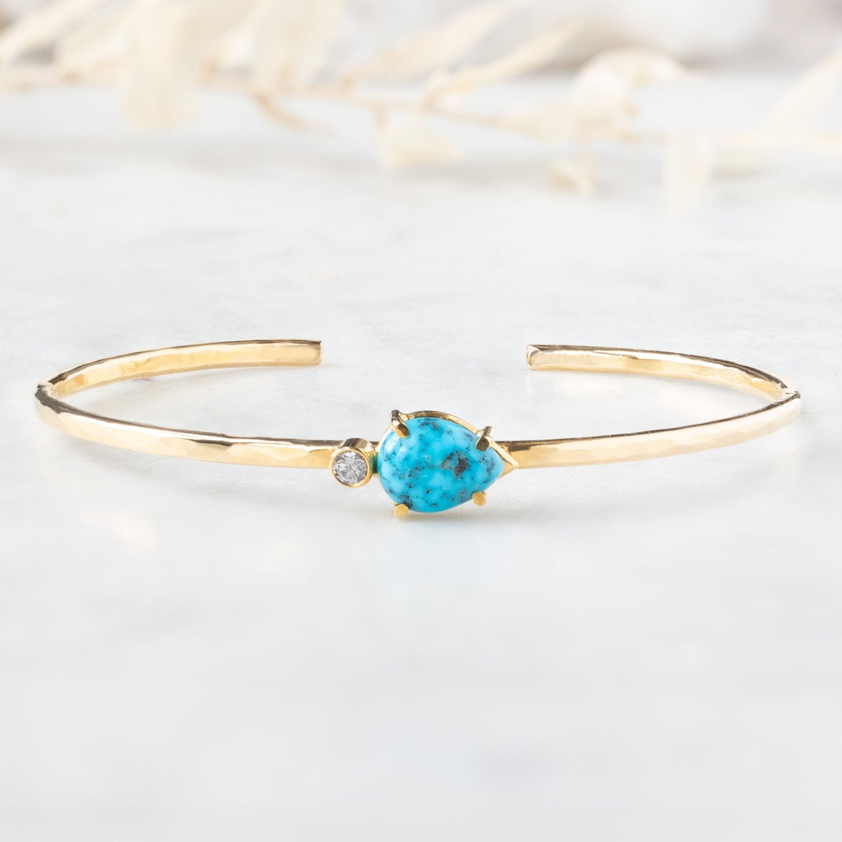 The Asymmetrical Turquoise + Diamond Cuff Bracelet | Yellow Gold or Sterling Silver
