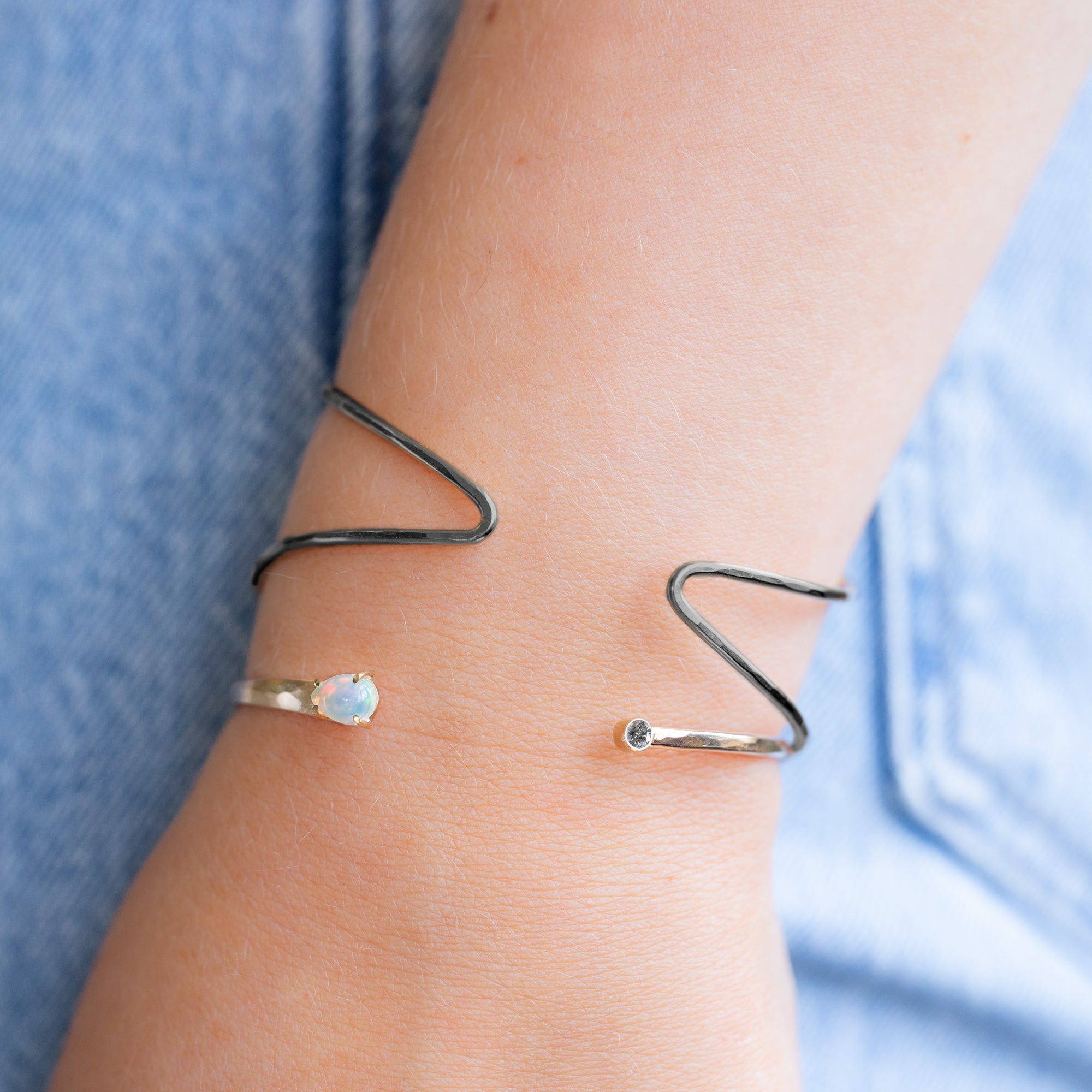 The Arrow Cuff Bracelet in Oxidized Sterling Silver on Model