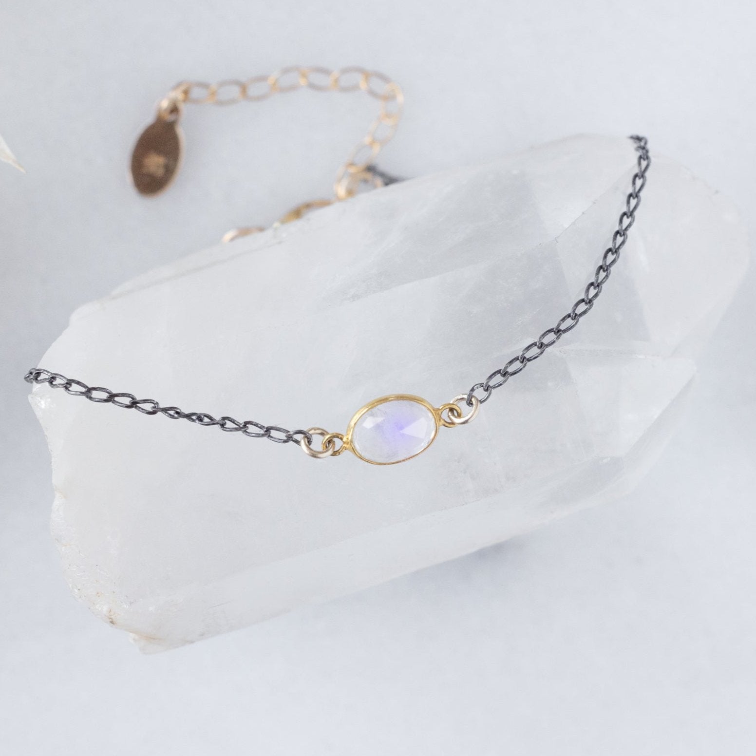 The Moonstone Chain Bracelet in Oxidized Sterling Silver on White Crystal