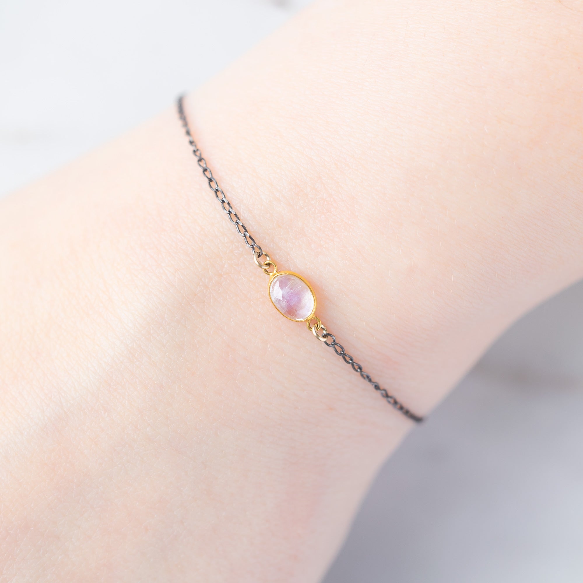 The Moonstone Chain Bracelet in Oxidized Sterling Silver on Model