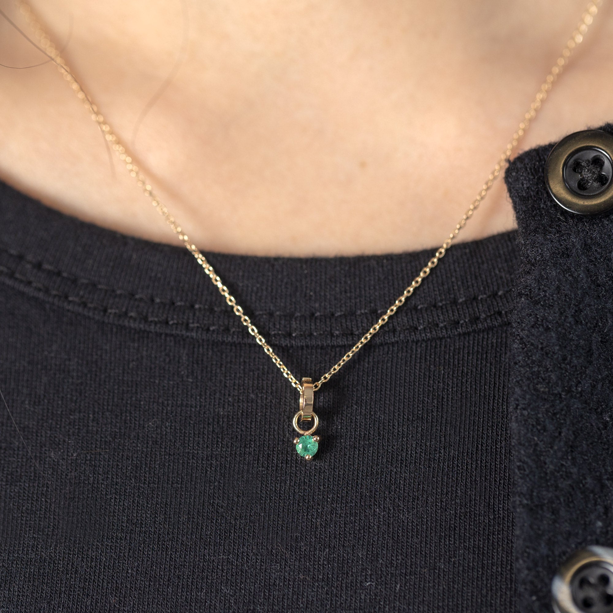 The Emerald Birthstone Charm in 10K Yellow Gold on Diamond Cut Cable Chain Necklace on Model