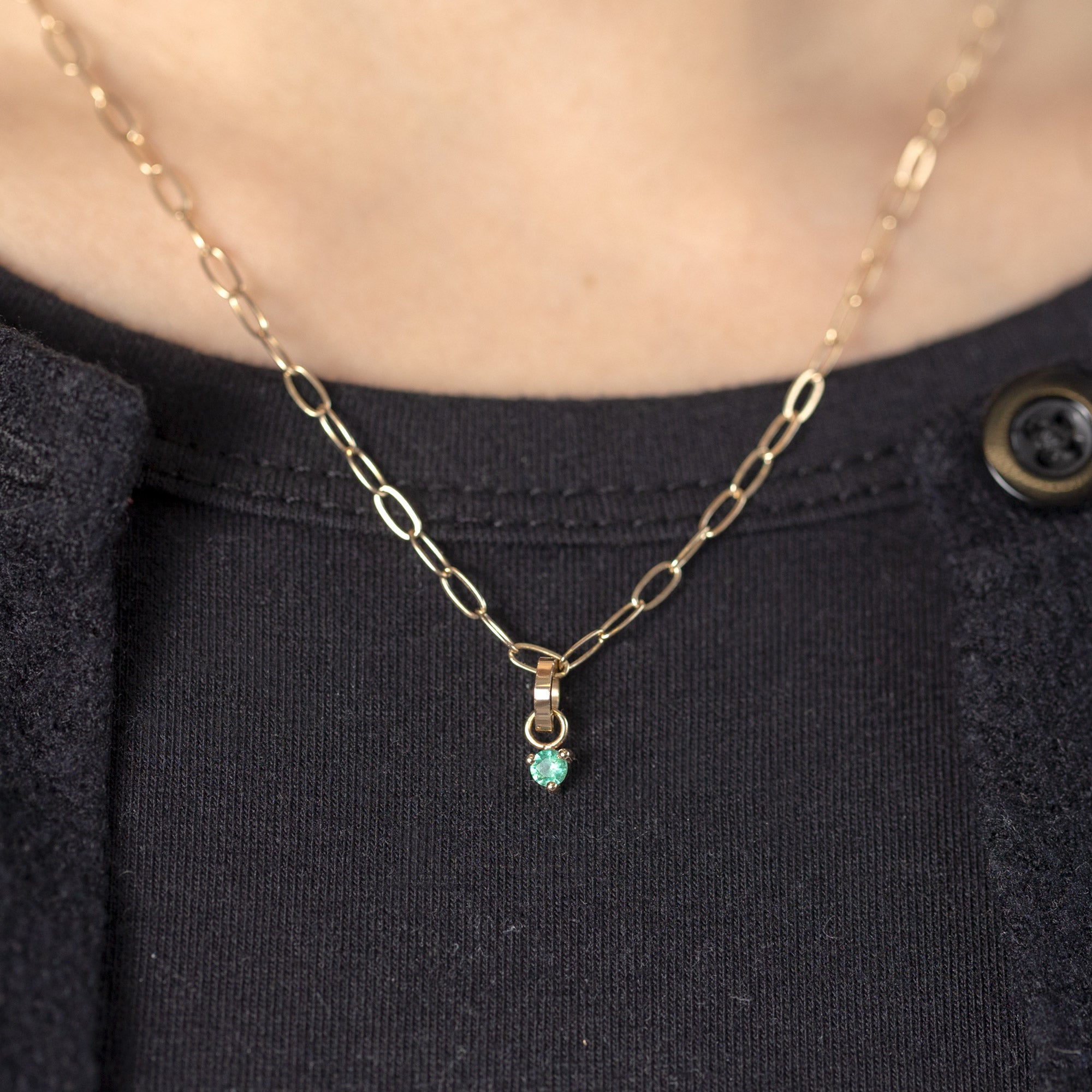 The Emerald Birthstone Charm in 10K Yellow Gold on Drawn Cable Chain Necklace on Model