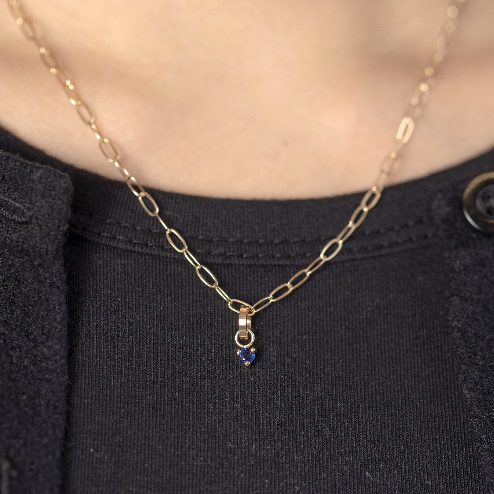 The Sapphire Birthstone Charm in 10K Yellow Gold on Drawn Cable Chain Necklace on Model