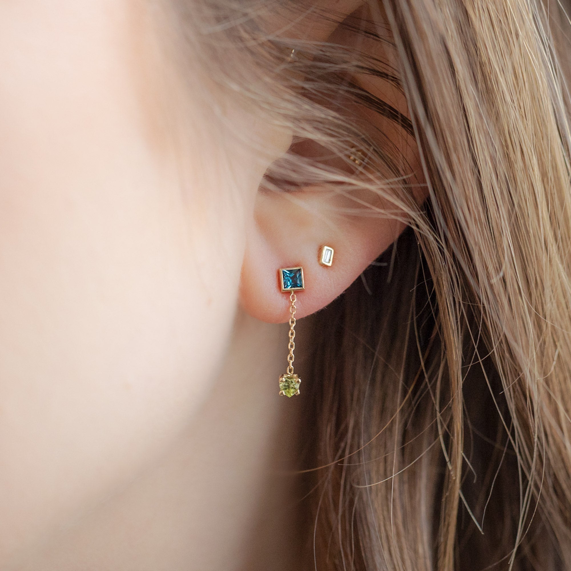 The Candy Gemstone Earrings in 10K Yellow Gold Stacked on Model