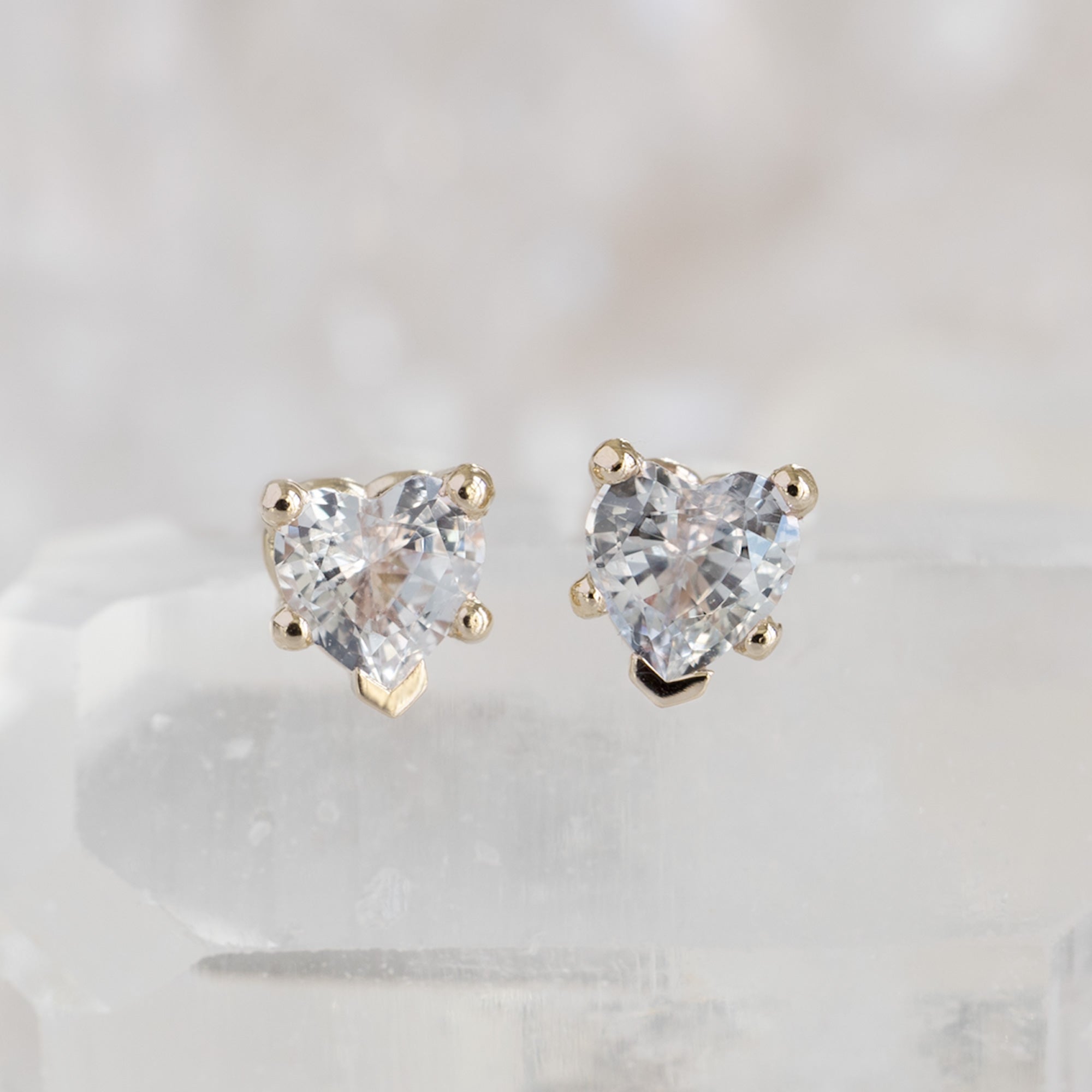 The White Sapphire Gemstone Heart Stud Earrings | Yellow, Rose or White Gold