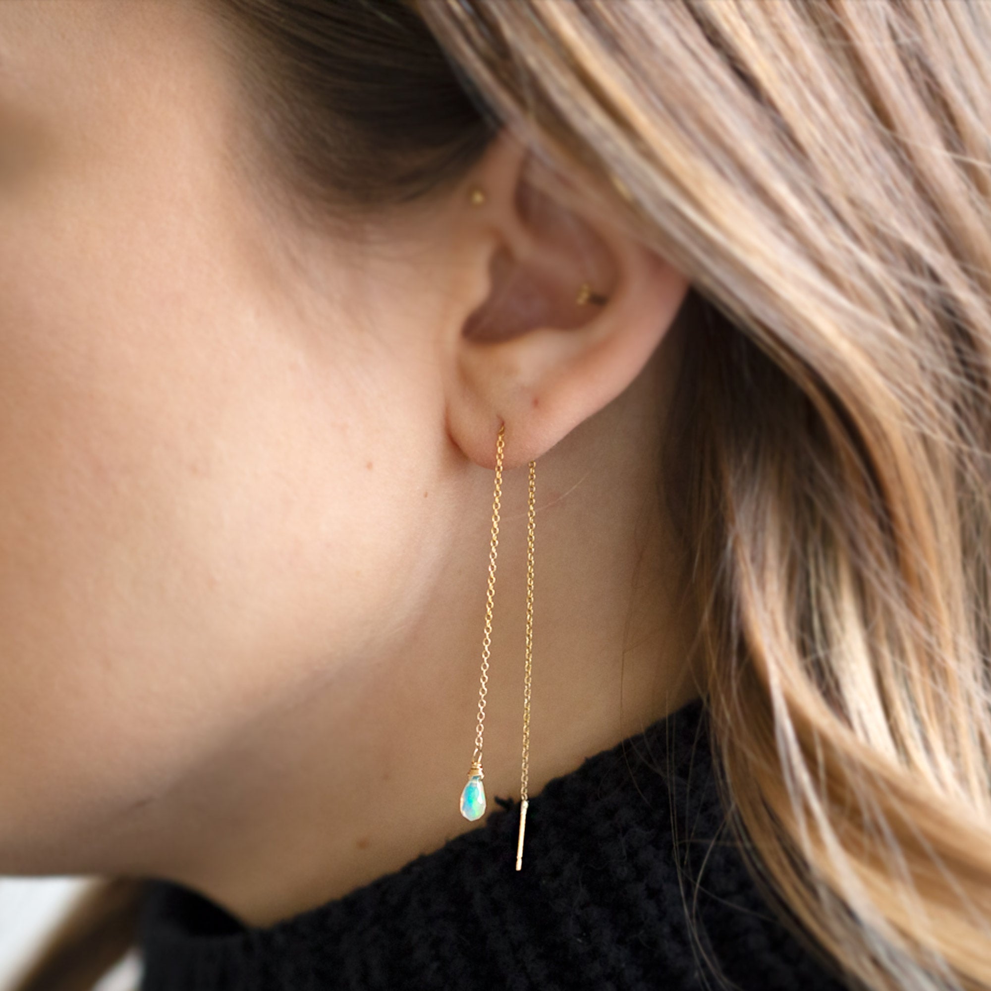 Opal Thread Earrings in Yellow Gold Filled on Model