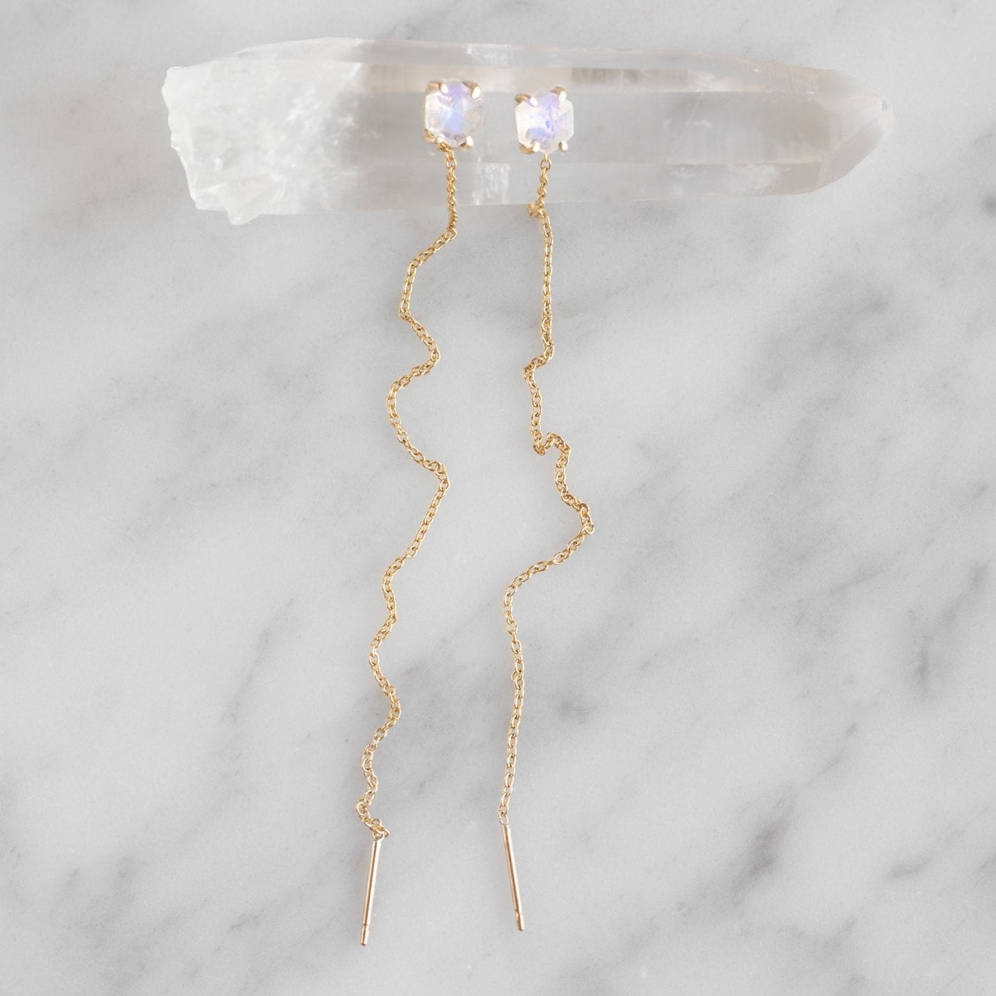The Hexagon Moonstone Thread Earrings | Yellow, Rose or Sterling Silver