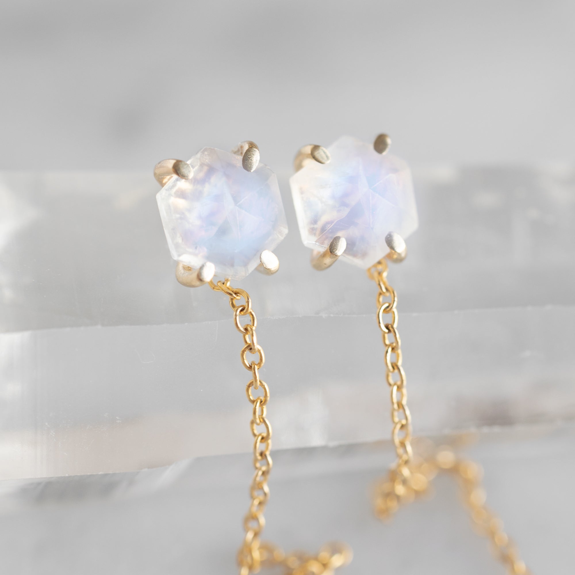 The Hexagon Moonstone Thread Earrings | Yellow, Rose or Sterling Silver