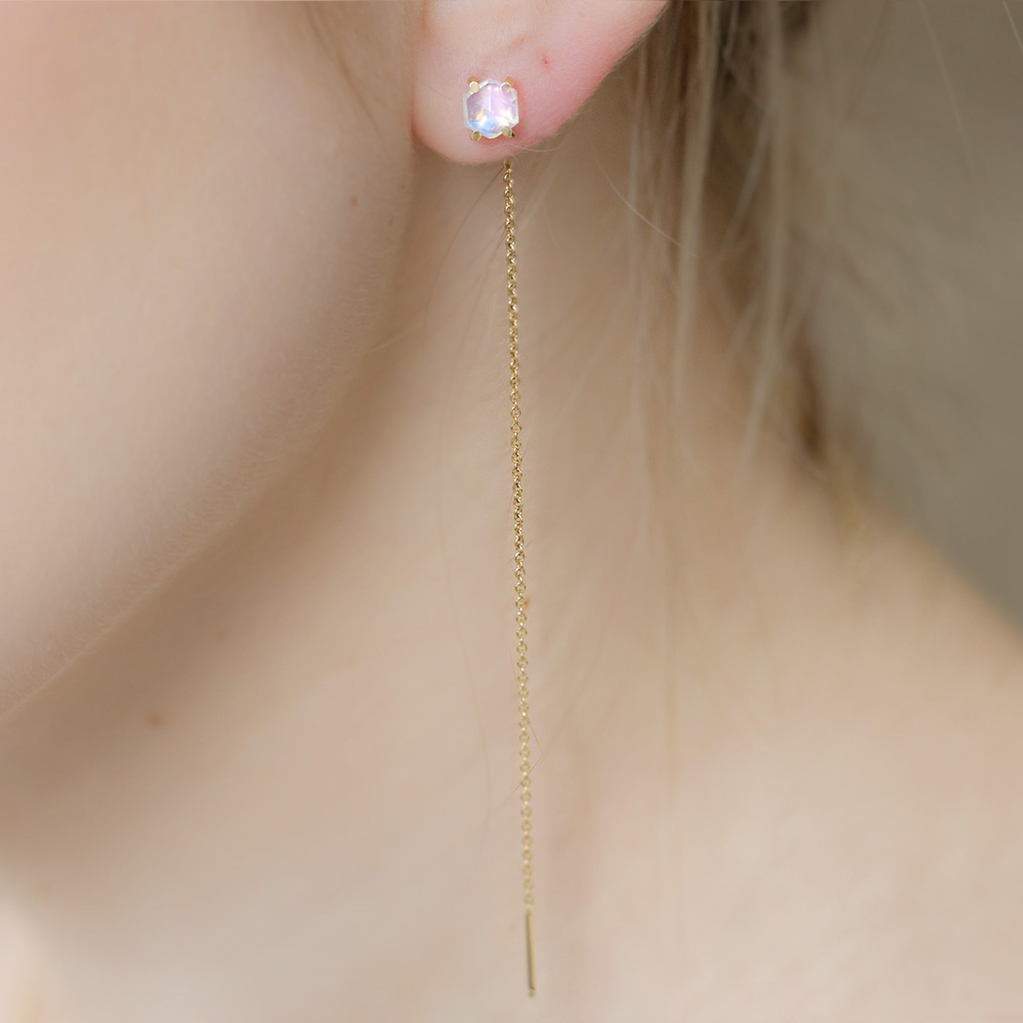 The Hexagon Moonstone Thread Earrings | Yellow, Rose or Sterling Silver
