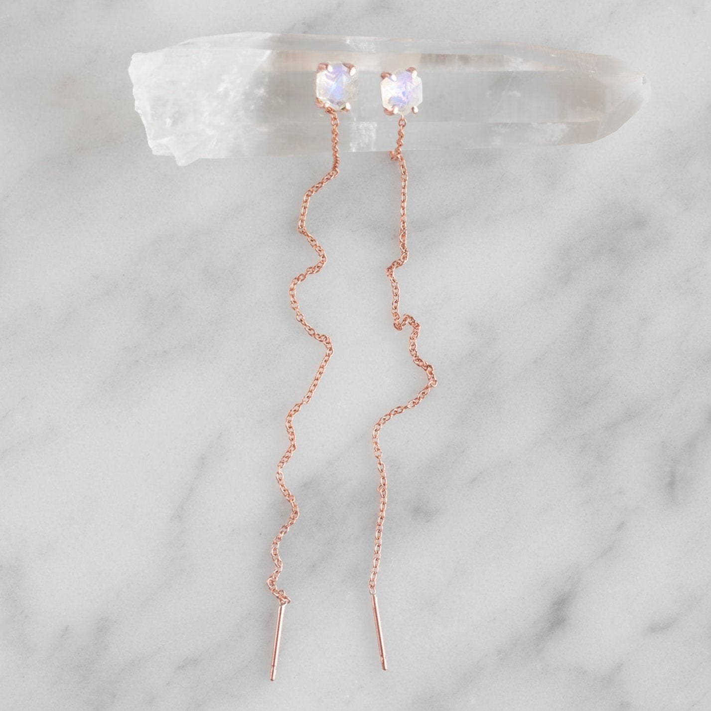 The Hexagon Moonstone Thread Earrings | Yellow, Rose or Sterling Silver