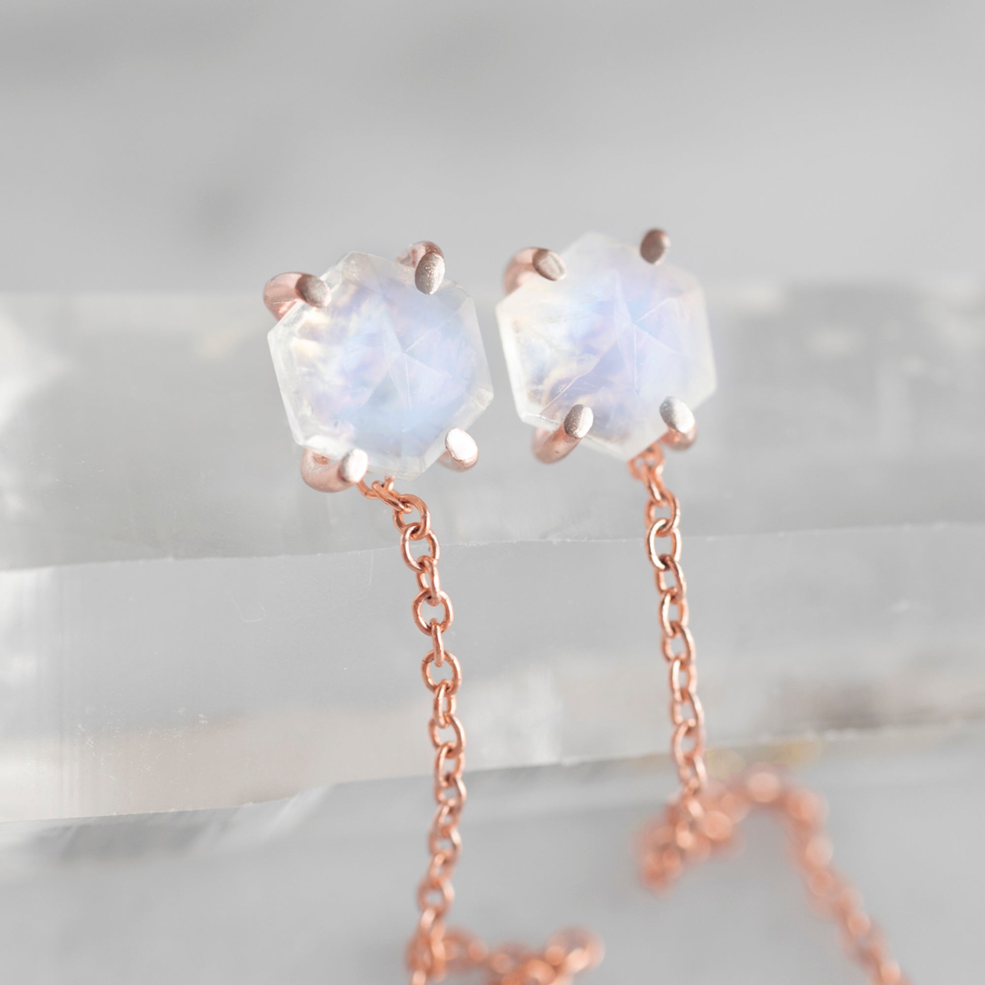 The Hexagon Moonstone Thread Earrings | Yellow, Rose or Sterling Silver