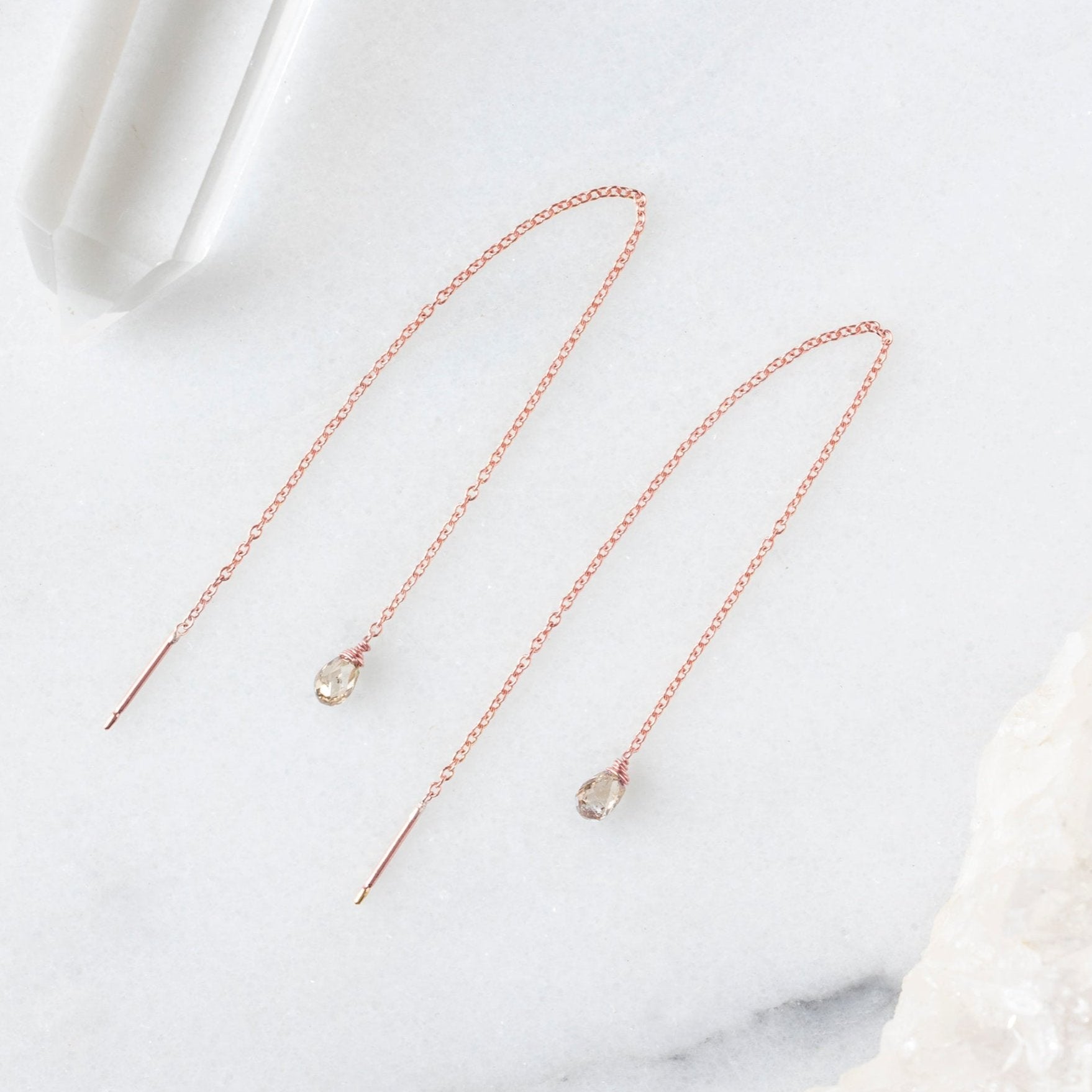The Simple Champagne Diamond Drop Thread Earrings | Yellow or Rose Gold