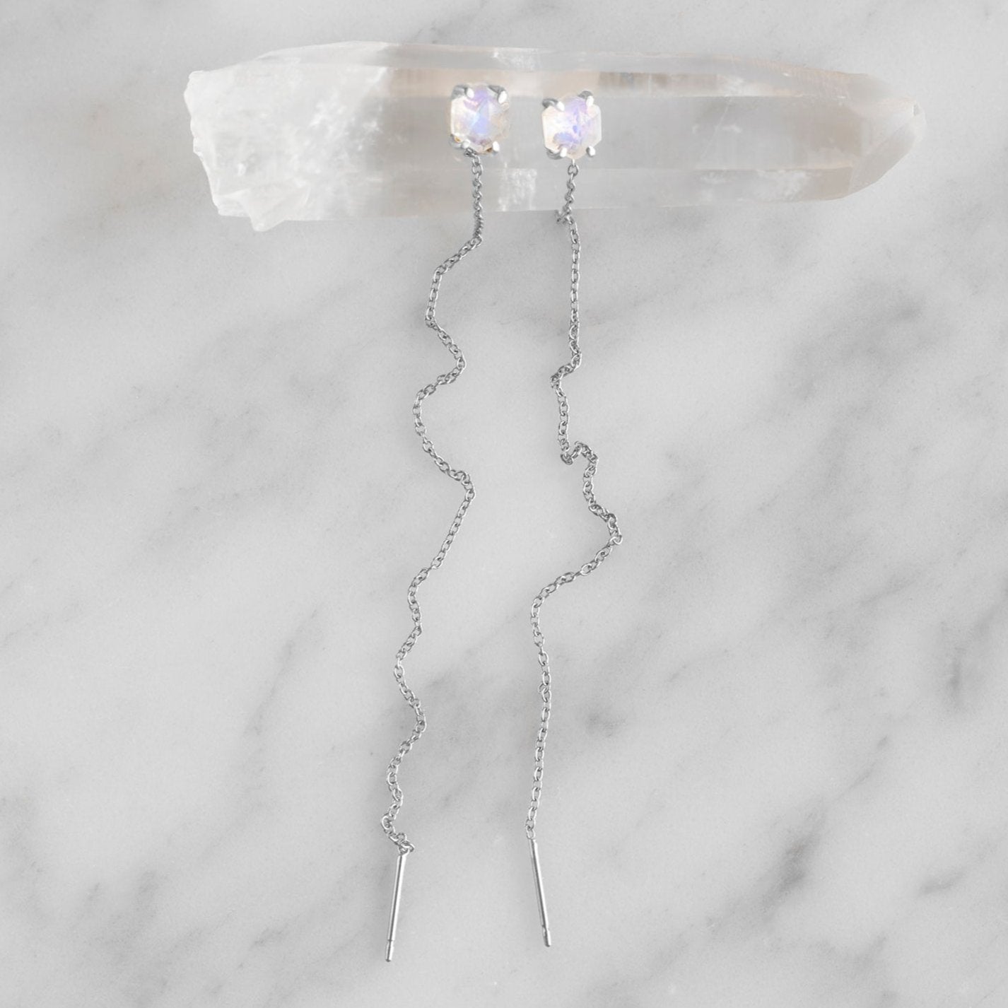 The Hexagon Moonstone Thread Earrings | Yellow, Rose or Sterling Silver