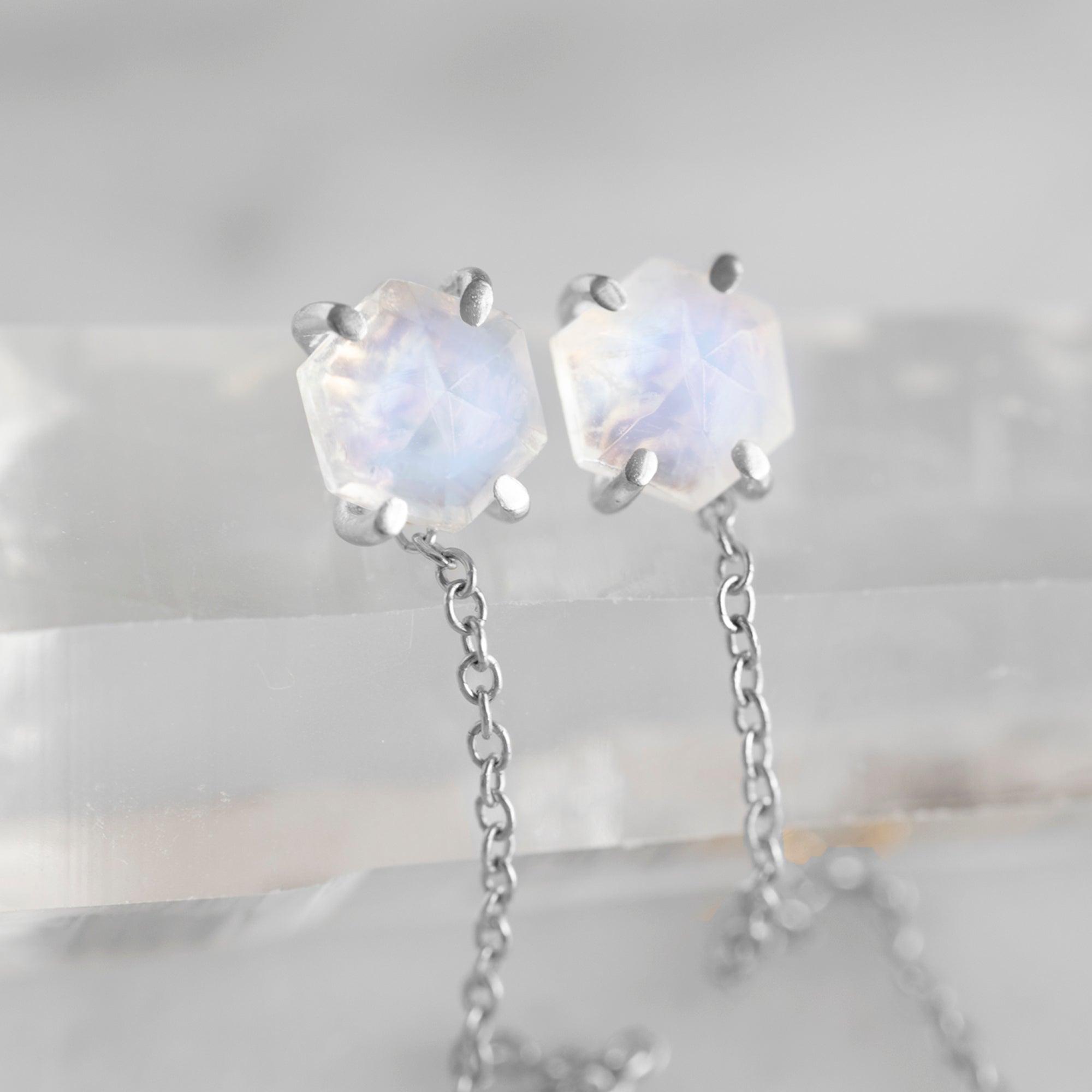 The Hexagon Moonstone Thread Earrings | Yellow, Rose or Sterling Silver