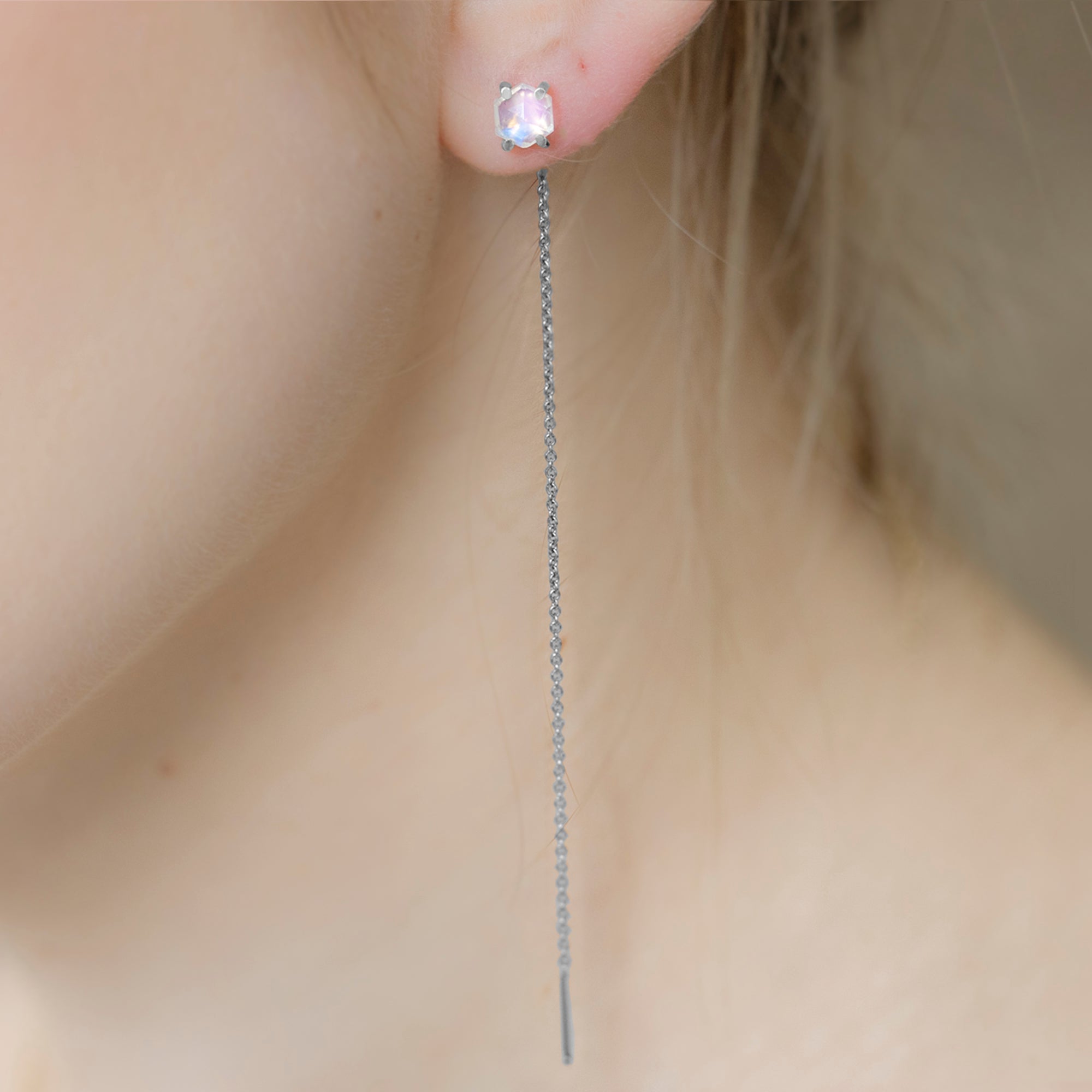 The Hexagon Moonstone Thread Earrings | Yellow, Rose or Sterling Silver