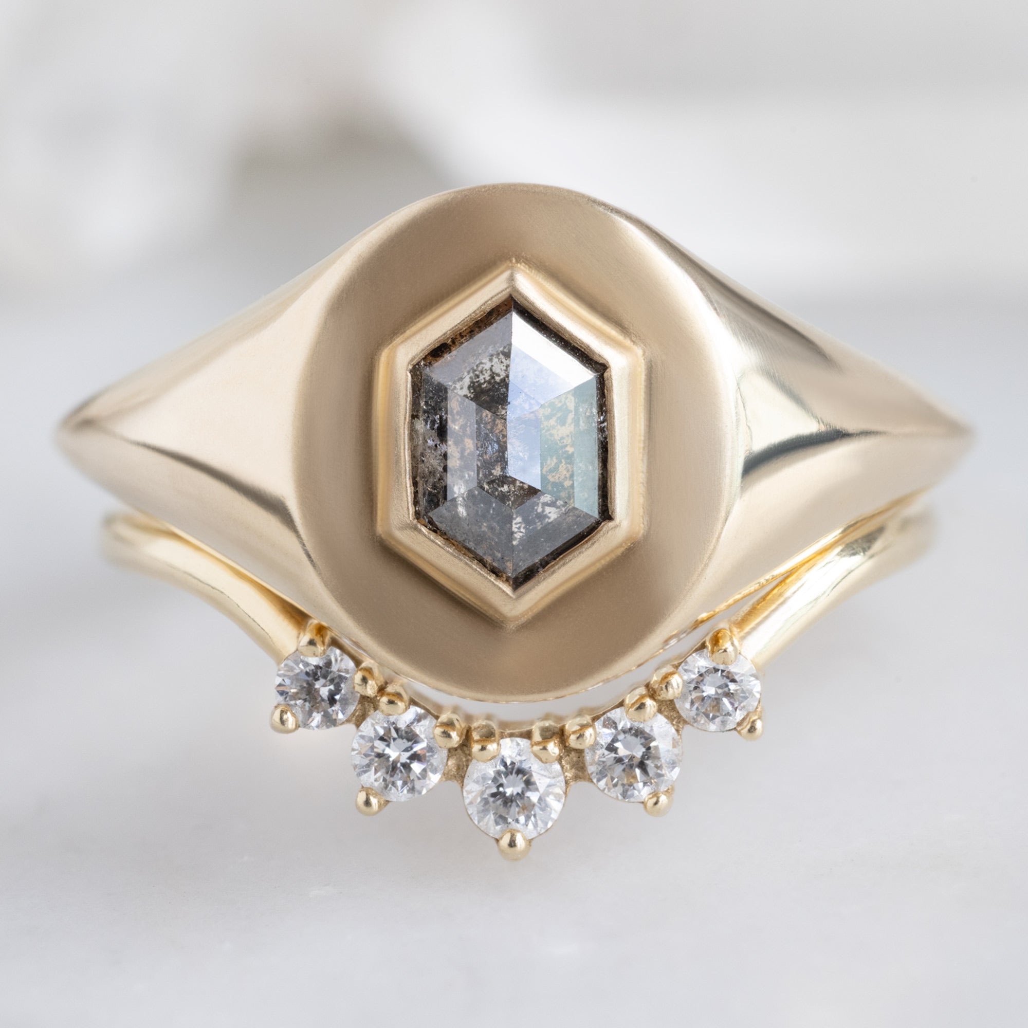 The Signet Ring | 0.38ct Hexagon Salt and Pepper Diamond in 10K Yellow Gold