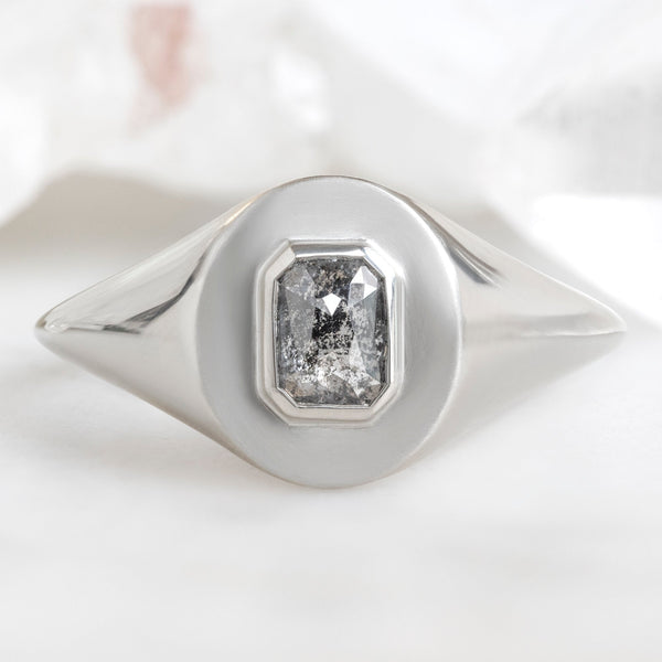 The Signet Ring | 0.66ct Emerald Cut Salt and Pepper Diamond in 10K White Gold