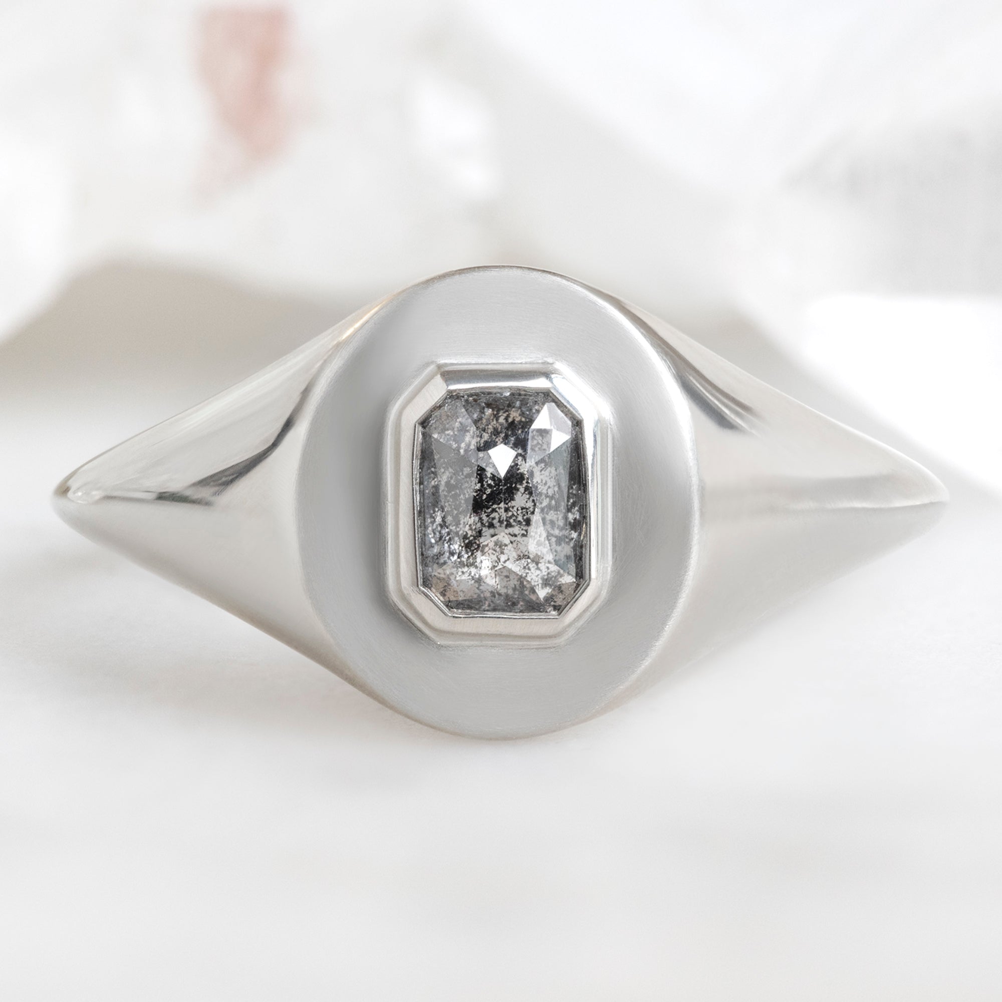 The Signet Ring | 0.66ct Emerald Cut Salt and Pepper Diamond in 10K White Gold