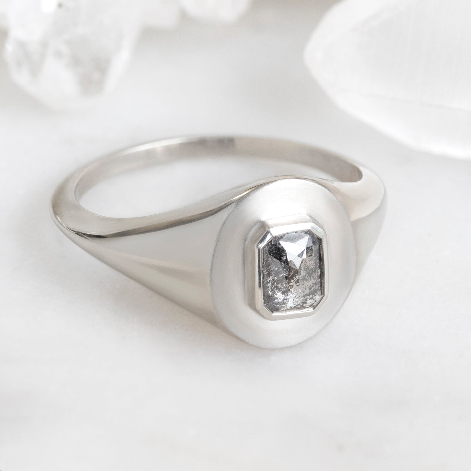 The Signet Ring | 0.66ct Emerald Cut Salt and Pepper Diamond in 10K White Gold