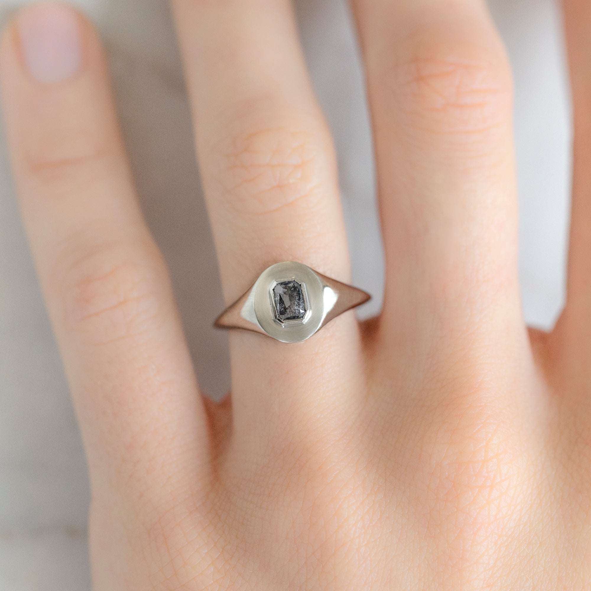 The Signet Ring | 0.66ct Emerald Cut Salt and Pepper Diamond in 10K White Gold