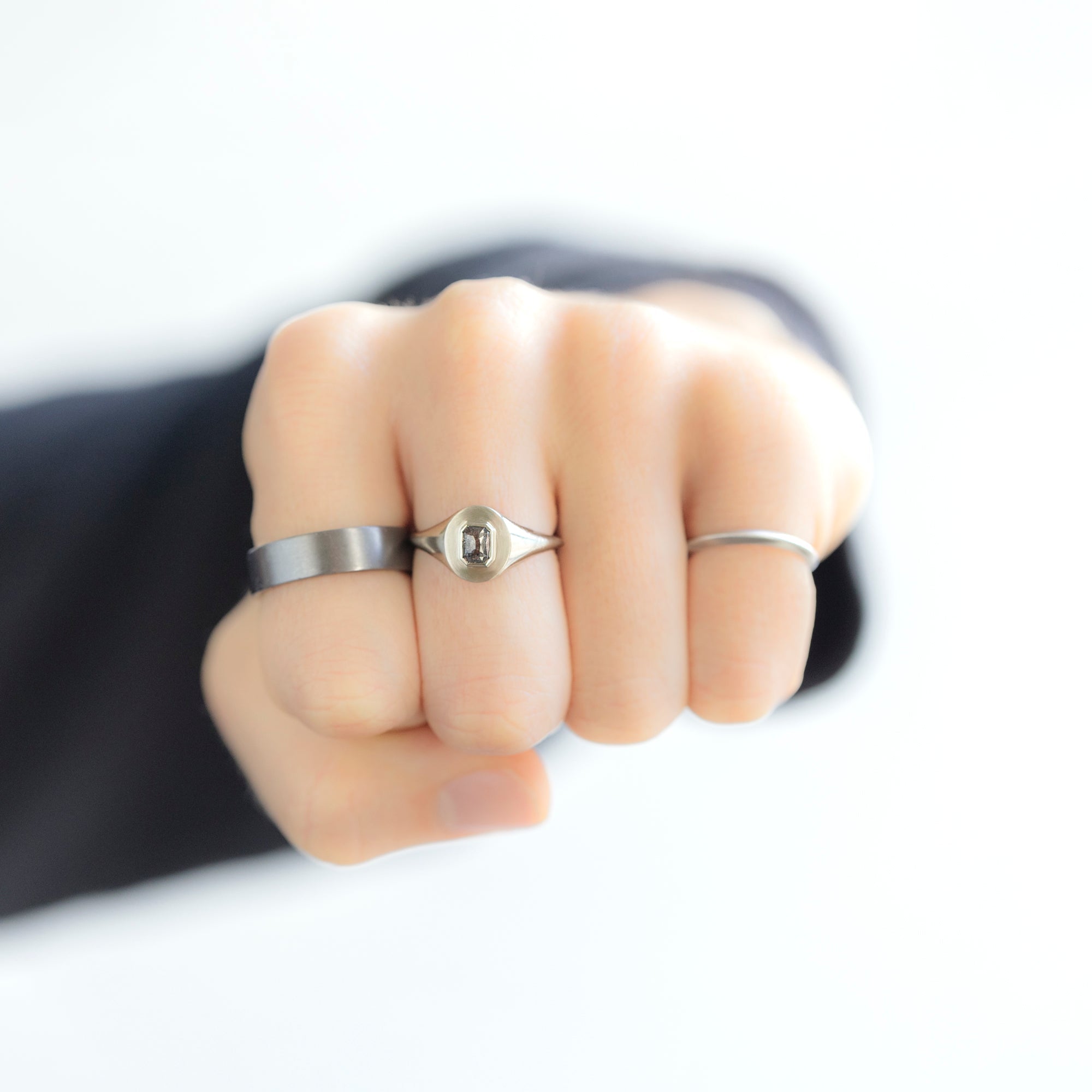 The Signet Ring | 0.66ct Emerald Cut Salt and Pepper Diamond in 10K White Gold