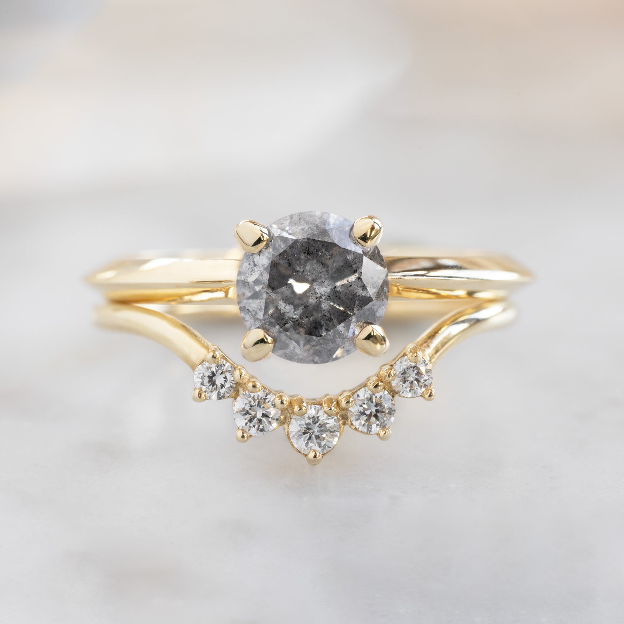 buy:the-bryn-ring-1-05ct-round-salt-and-pepper-diamond-in-14k-yellow-gold,round-white-diamond-sunburst-stacking-band-14k-or-18k-yellow-gold