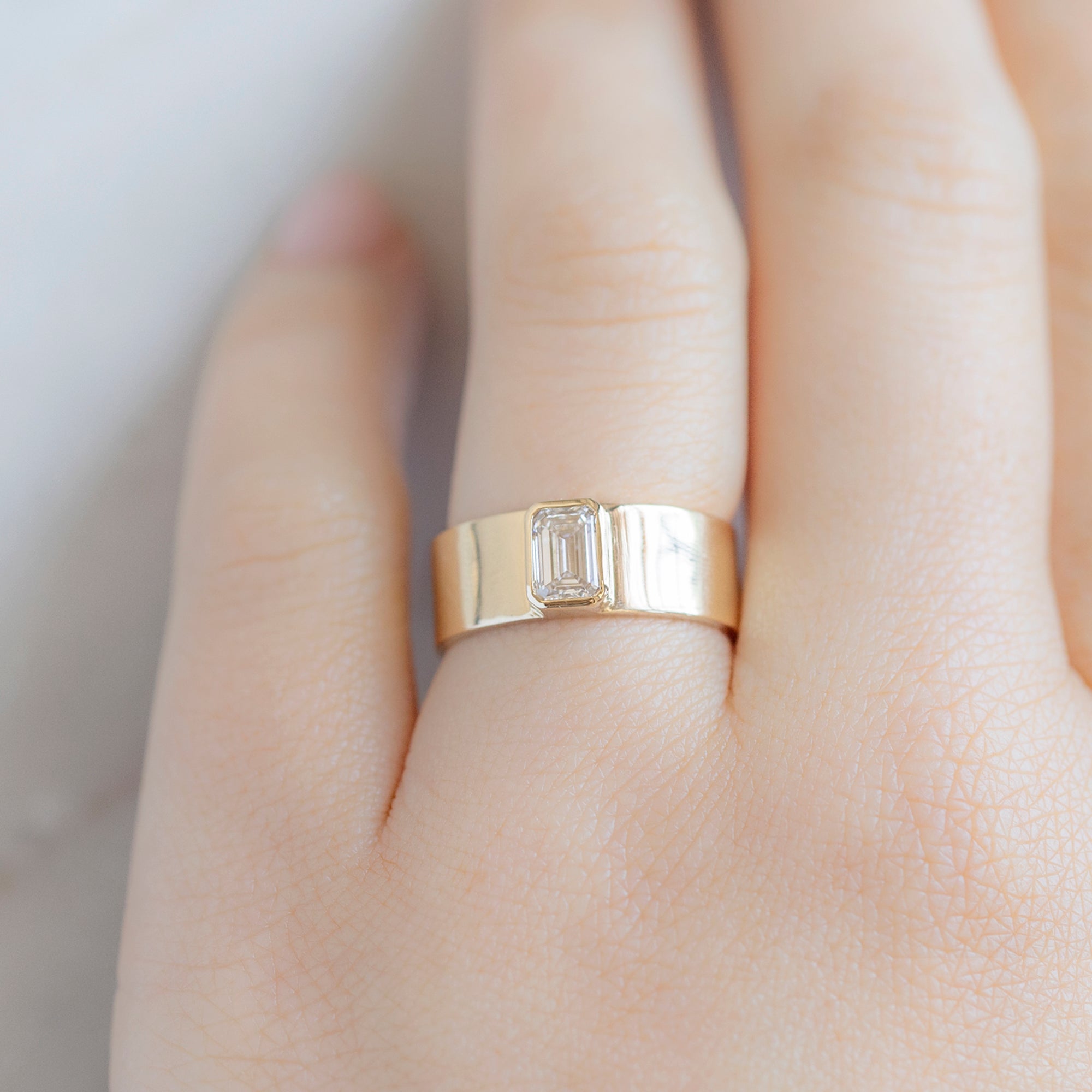 The Cigar Band with a Lab Grown Emerald White Diamond | Yellow, Rose or White Gold
