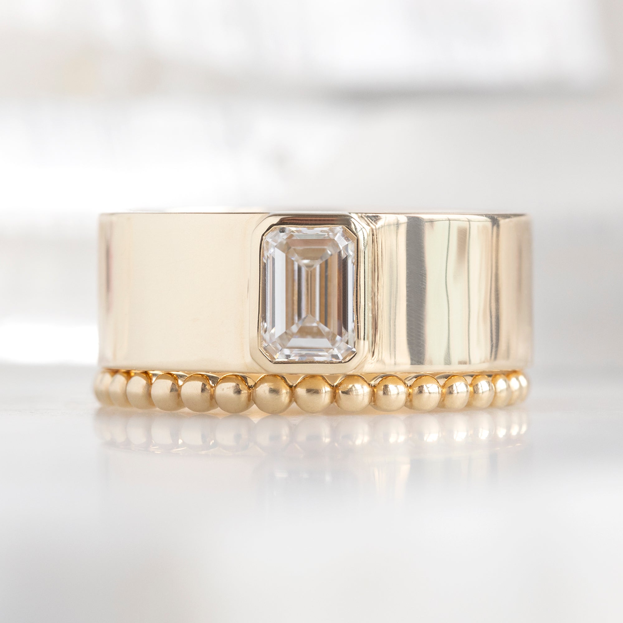 The Cigar Band with a Lab Grown Emerald White Diamond | Yellow, Rose or White Gold