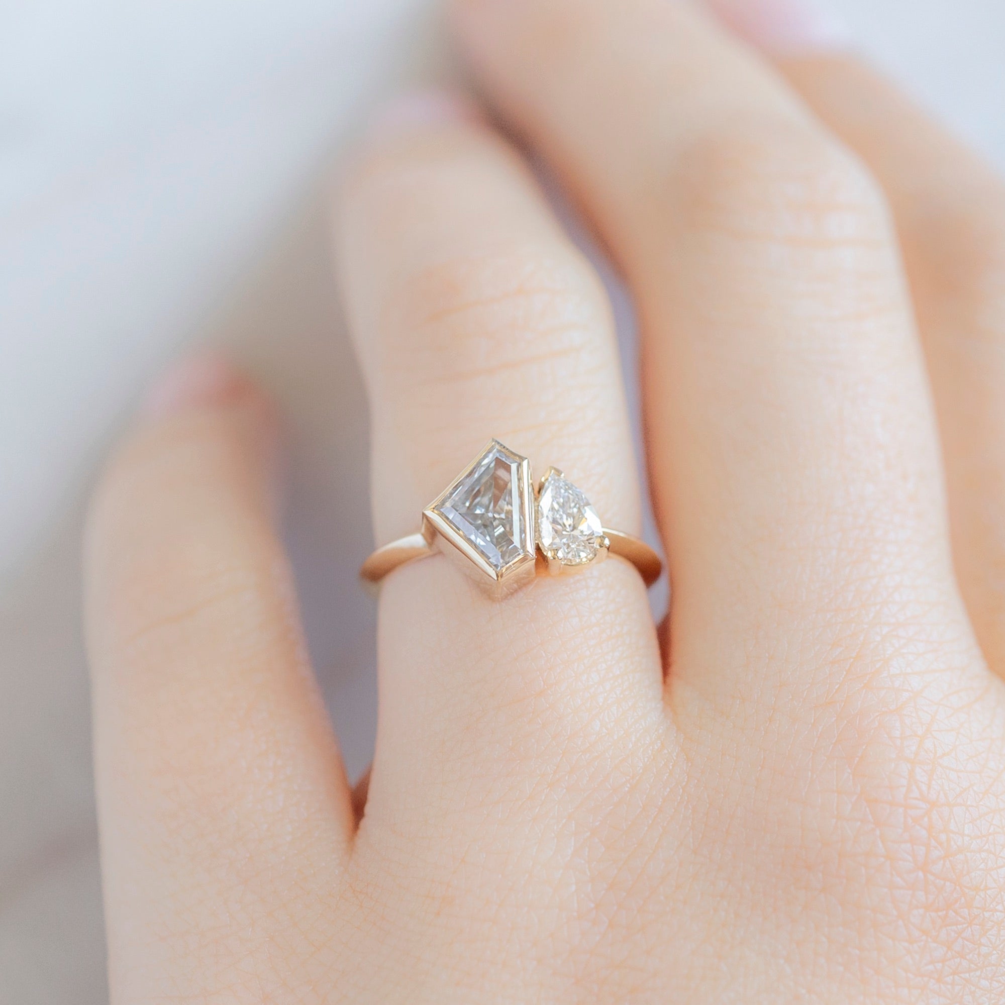The You and Me Ring with a 1.36ct Lab Grown Shield White Diamond in 14K Yellow Gold on Model