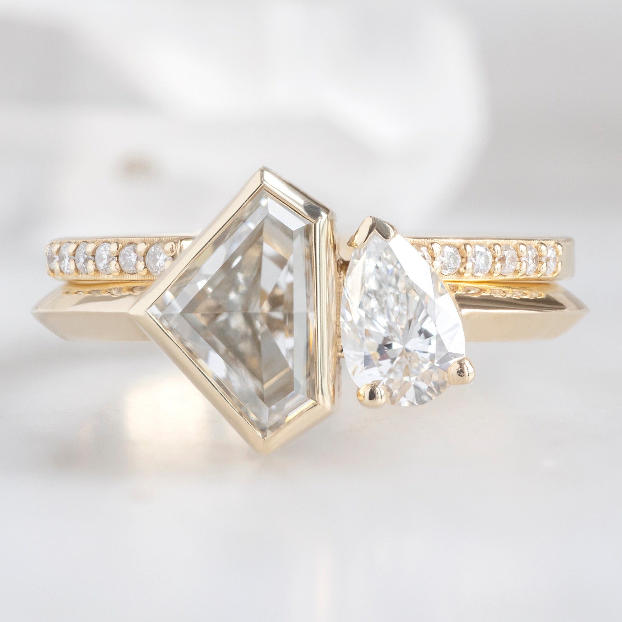 The You and Me Ring with a 1.36ct Lab Grown Shield White Diamond in 14K Yellow Gold Stacked with the Open Cuff White Pavé Diamond Stacking Band