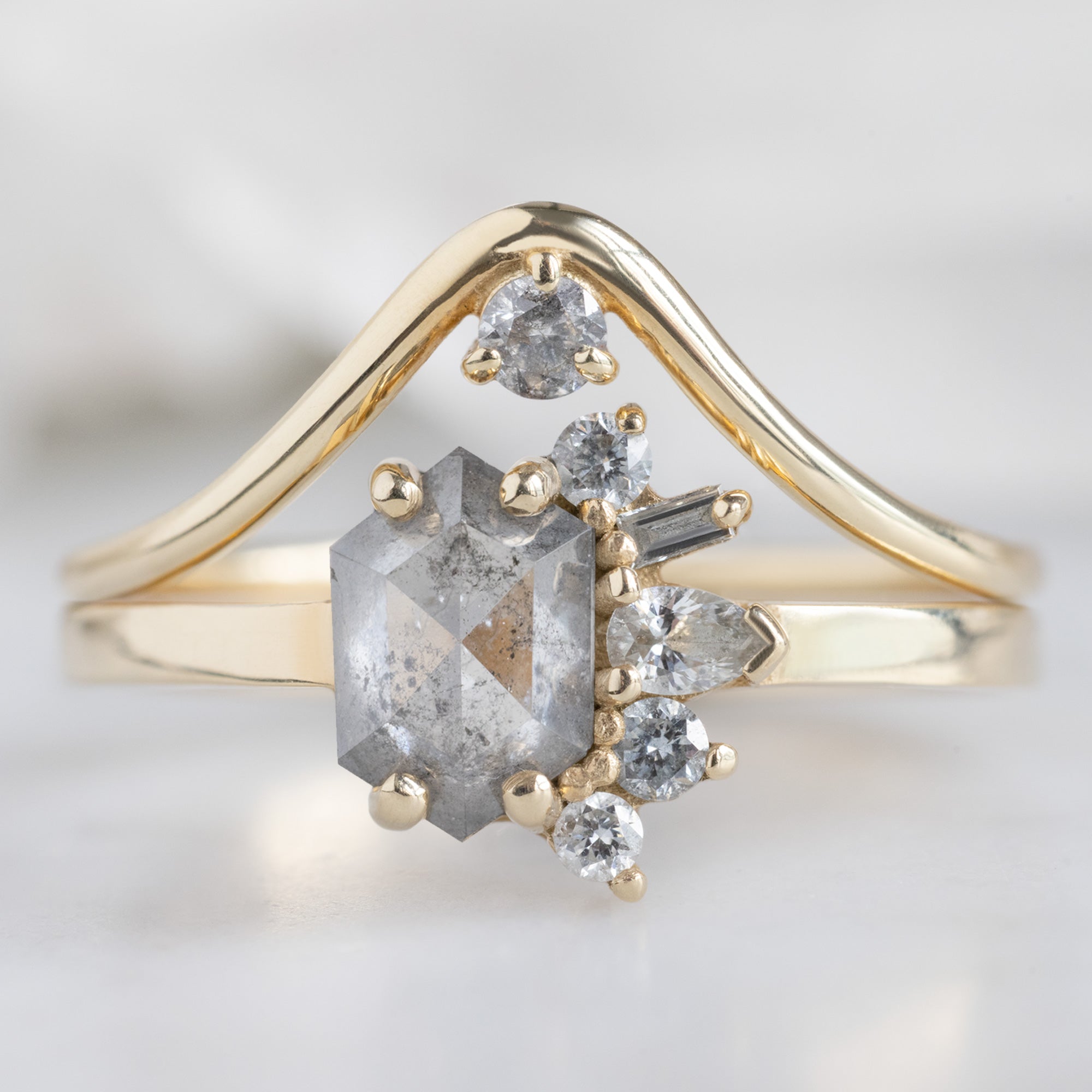The Cluster Ring | 0.54ct Hexagon Salt and Pepper Diamond in 14K Yellow Gold