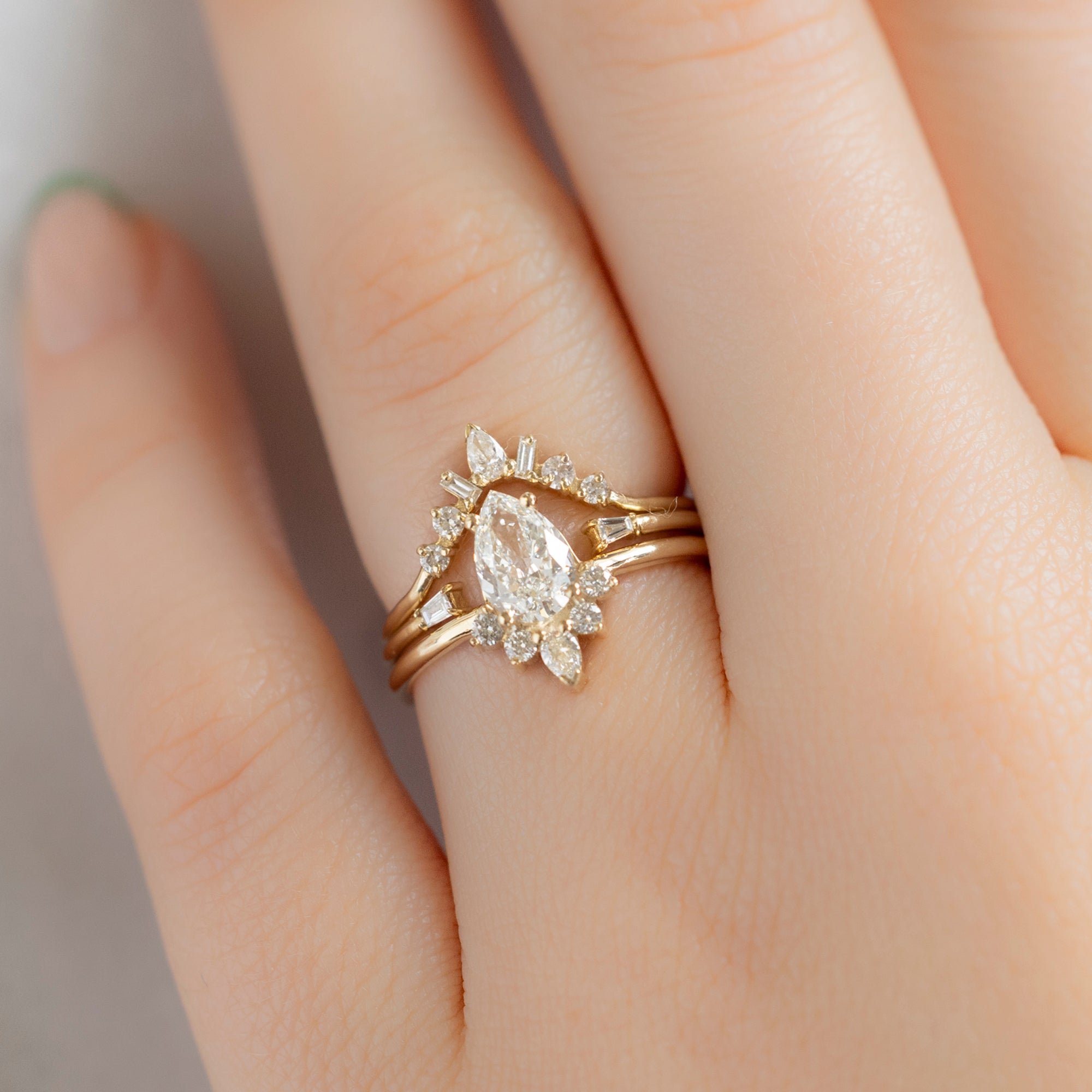 buy:the-aster-ring-0-73ct-pear-cut-white-diamond-in-14k-yellow-gold,one-of-a-kind-geometric-white-diamond-sunburst-stacking-band-14k-or-18k-yellow-gold,one-of-a-kind-open-cuff-baguette-white-diamond-stacking-band-14k-or-18k-yellow-gold