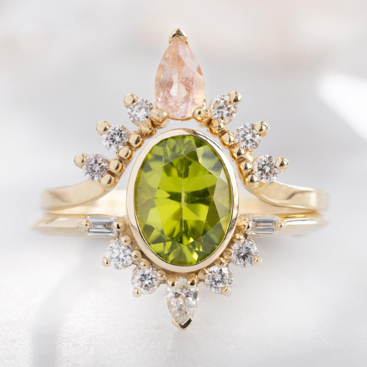 buy:the-posy-ring-1-36ct-oval-peridot-in-14k-yellow-gold,sunstone-and-white-diamond-sunburst-stacking-band-14k-gold