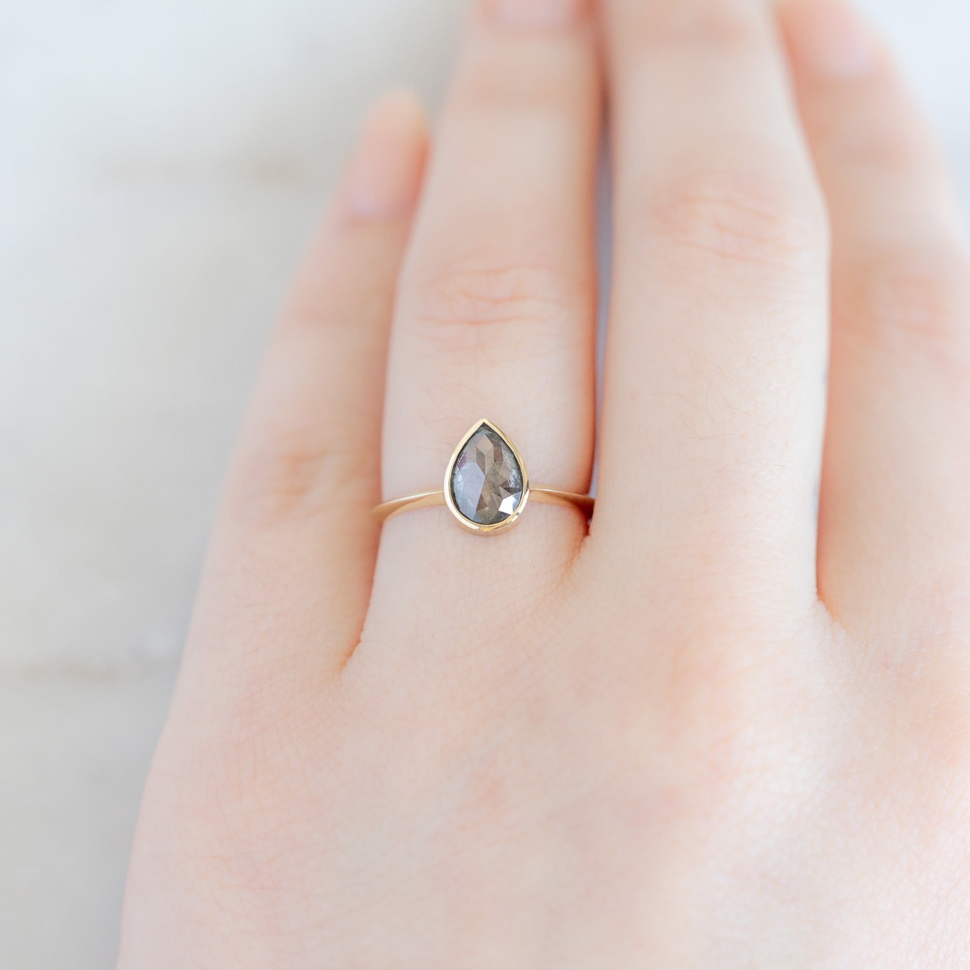 The Hazel Ring with a 1.28ct Rose Cut Salt and Pepper Diamond in 14K Yellow Gold on Model