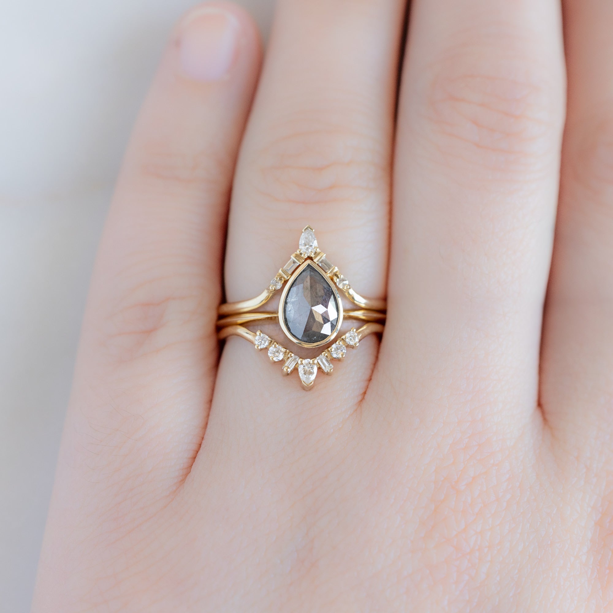 buy:white-diamond-tiara-stacking-band-14k-or-18k-yellow-gold,the-hazel-ring-1-28ct-rose-cut-salt-and-pepper-diamond-in-14k-yellow-gold,geometric-white-diamond-sunburst-stacking-band-14k-or-18k-yellow-gold