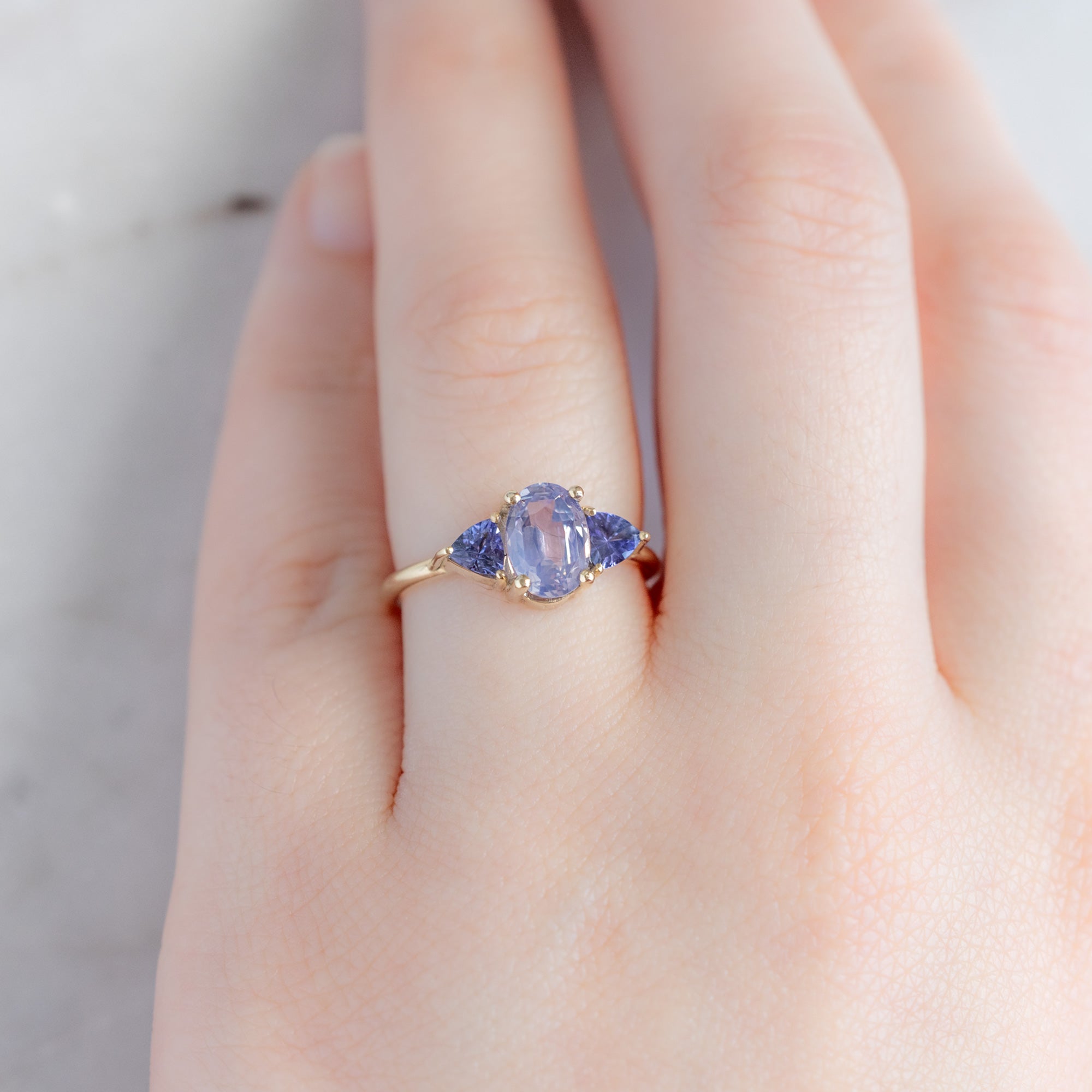 The Watercolor Jade Ring with a 1.81ct Oval Lavender Sapphire in 14K Yellow Gold on Model
