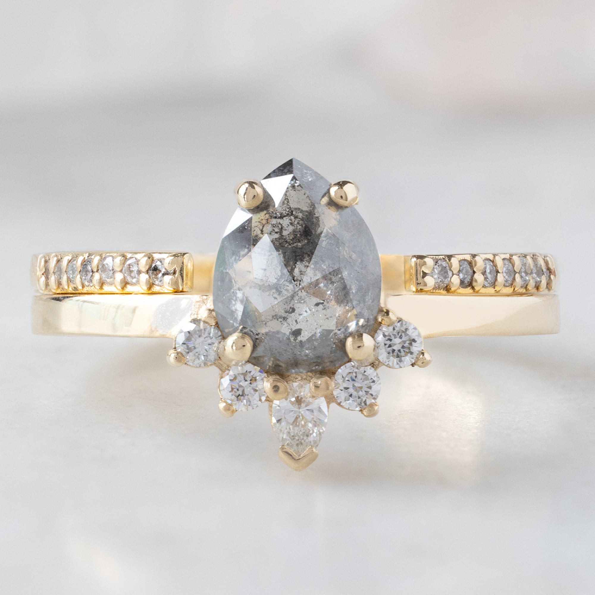 The Aster Ring | 0.95ct Pear Salt and Pepper Diamond in 14K Yellow Gold