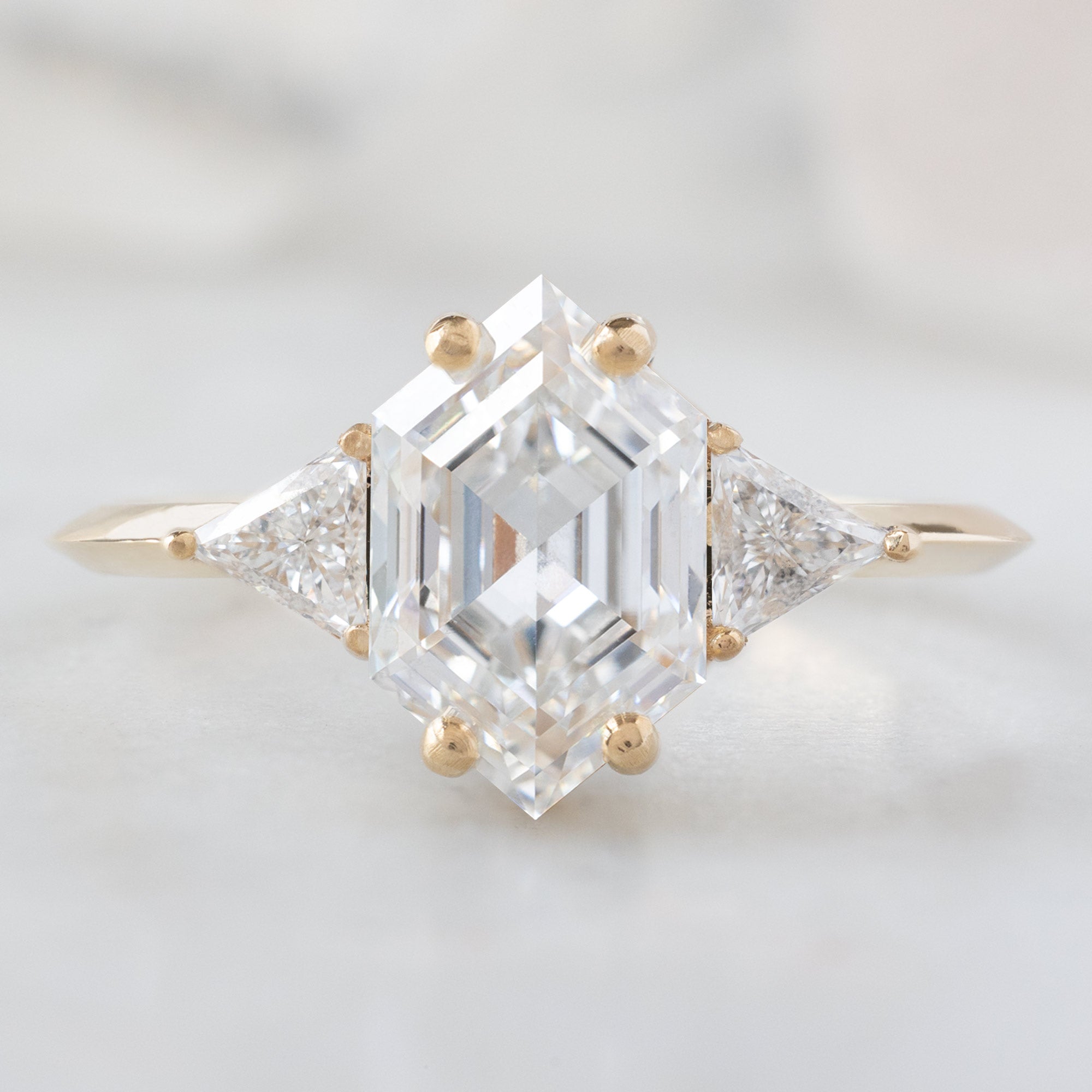 The Jade Ring on 1.65ct Hexagon White Lab Grown Diamond in 14K Yellow Gold on White Background