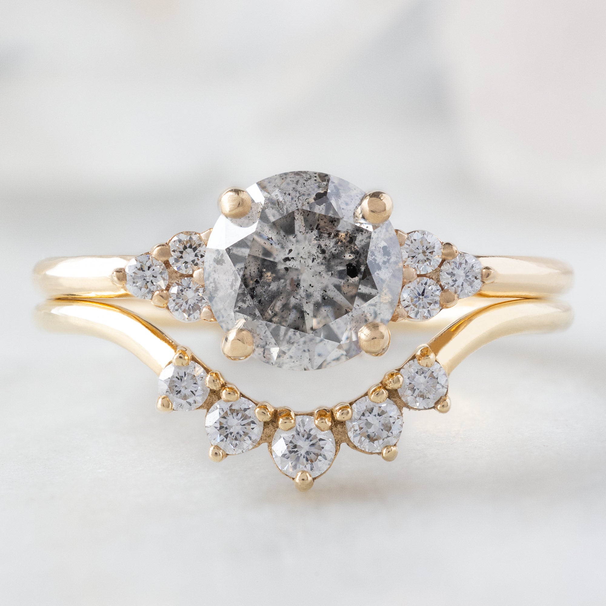 The Ivy Ring with a 1.01ct Round Salt and Pepper Diamond in 14K Yellow Gold Stacked with the Round White Diamond Sunburst Stacking Band