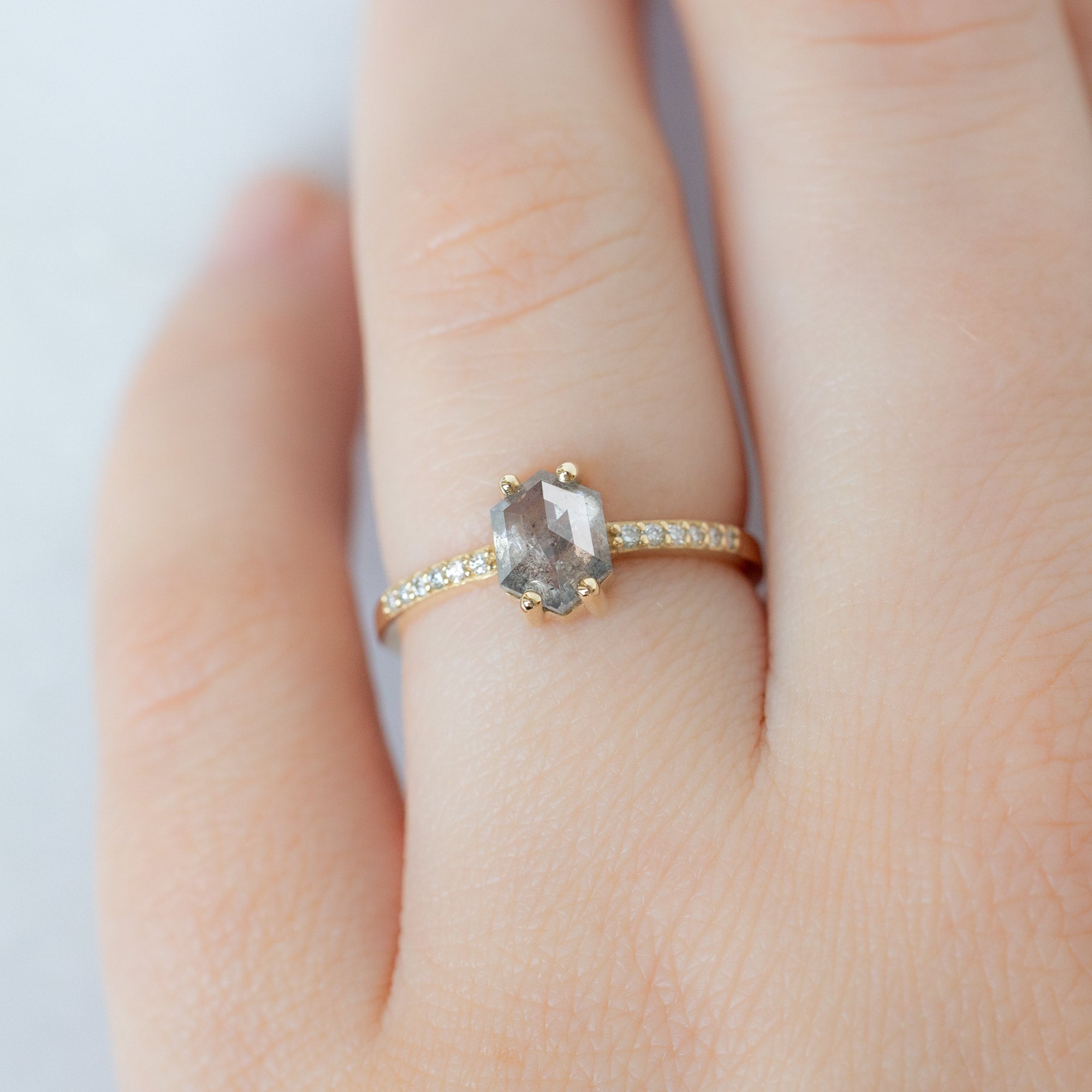 The Willow Ring with a .99ct Hexagon Salt and Pepper Diamond in 14K Yellow Gold on Model