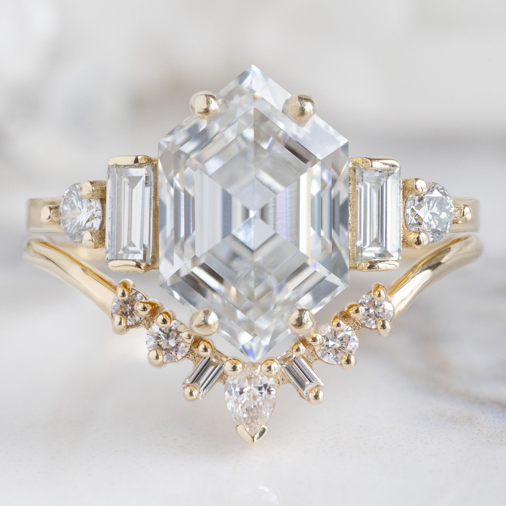 buy:the-primrose-ring-2-64ct-hexagon-lab-grown-white-diamond-in-14k-yellow-gold,geometric-white-diamond-sunburst-stacking-band-14k-or-18k-yellow-gold