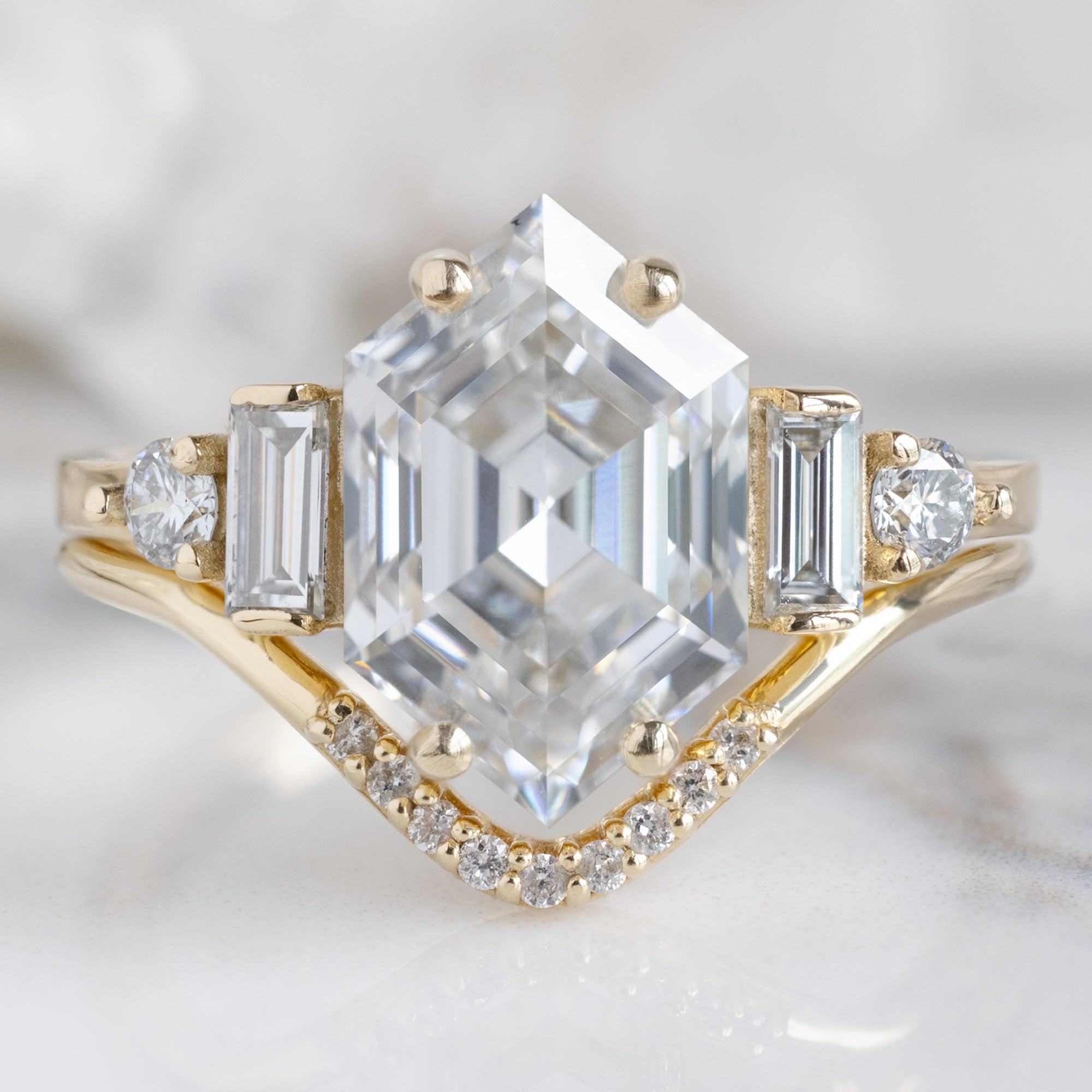 The Primrose Ring with a 2.64ct Hexagon Lab Grown White Diamond in 14K Yellow Gold Stacked with the White Diamond Pavé Peak Stacking Band
