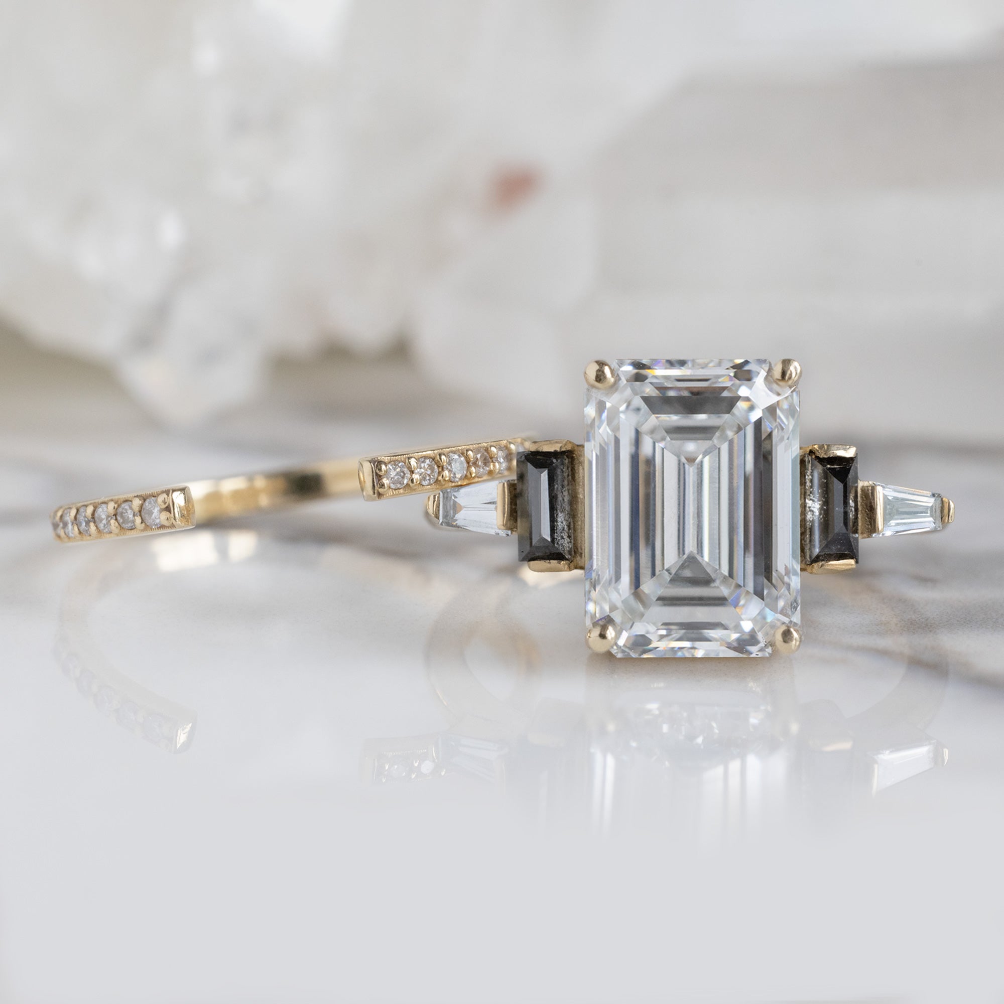 The Deco Ring with a 3.39ct Emerald Cut Lab Grown White Diamond in 14K Yellow Gold with the Open Cuff Pavé White Diamond Stacking Band