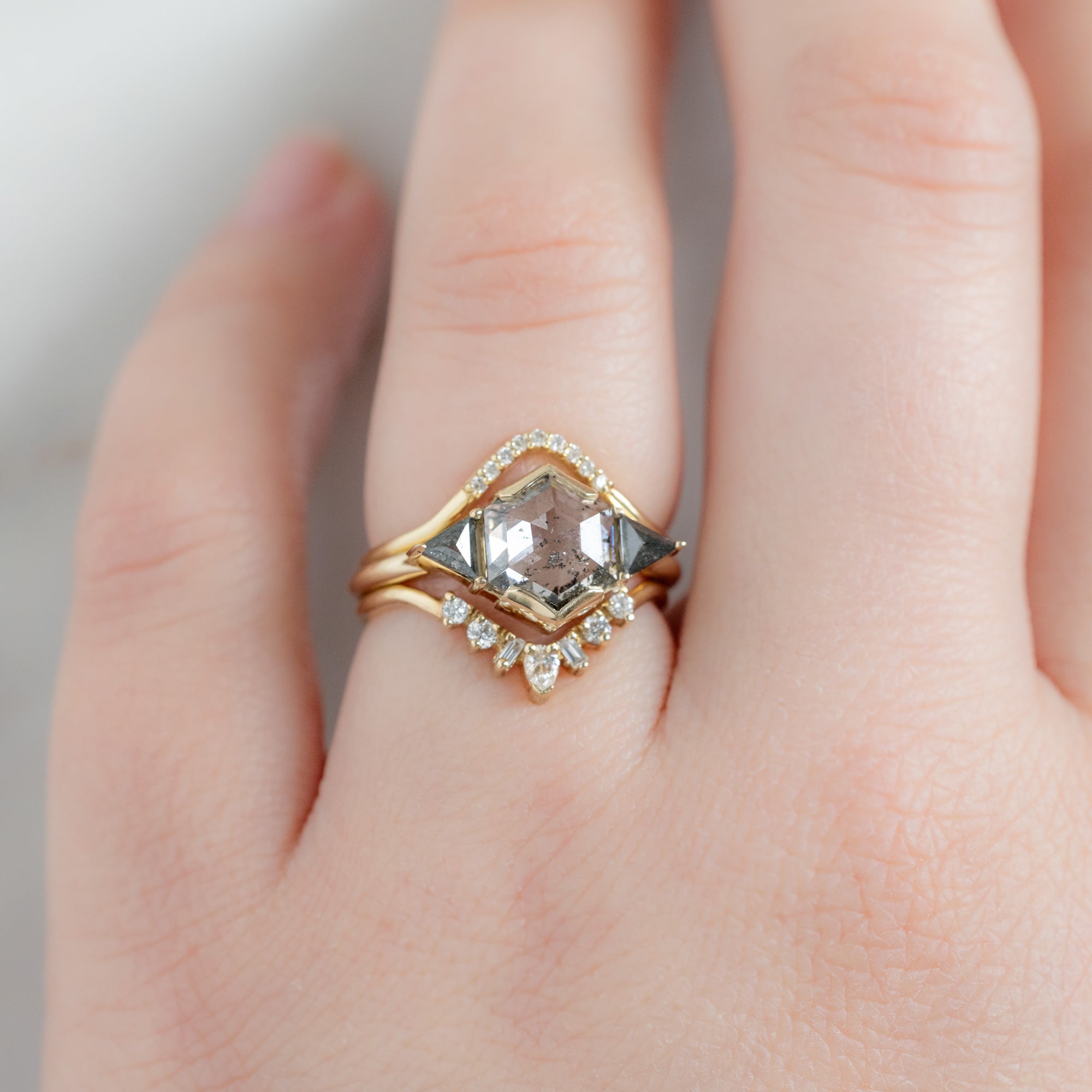 buy:white-diamond-pave-peak-stacking-band-14k-or-18k-yellow-gold,the-jade-ring-1-72ct-hexagon-lab-grown-salt-and-pepper-diamond-in-14k-yellow-gold,geometric-white-diamond-sunburst-stacking-band-14k-or-18k-yellow-gold