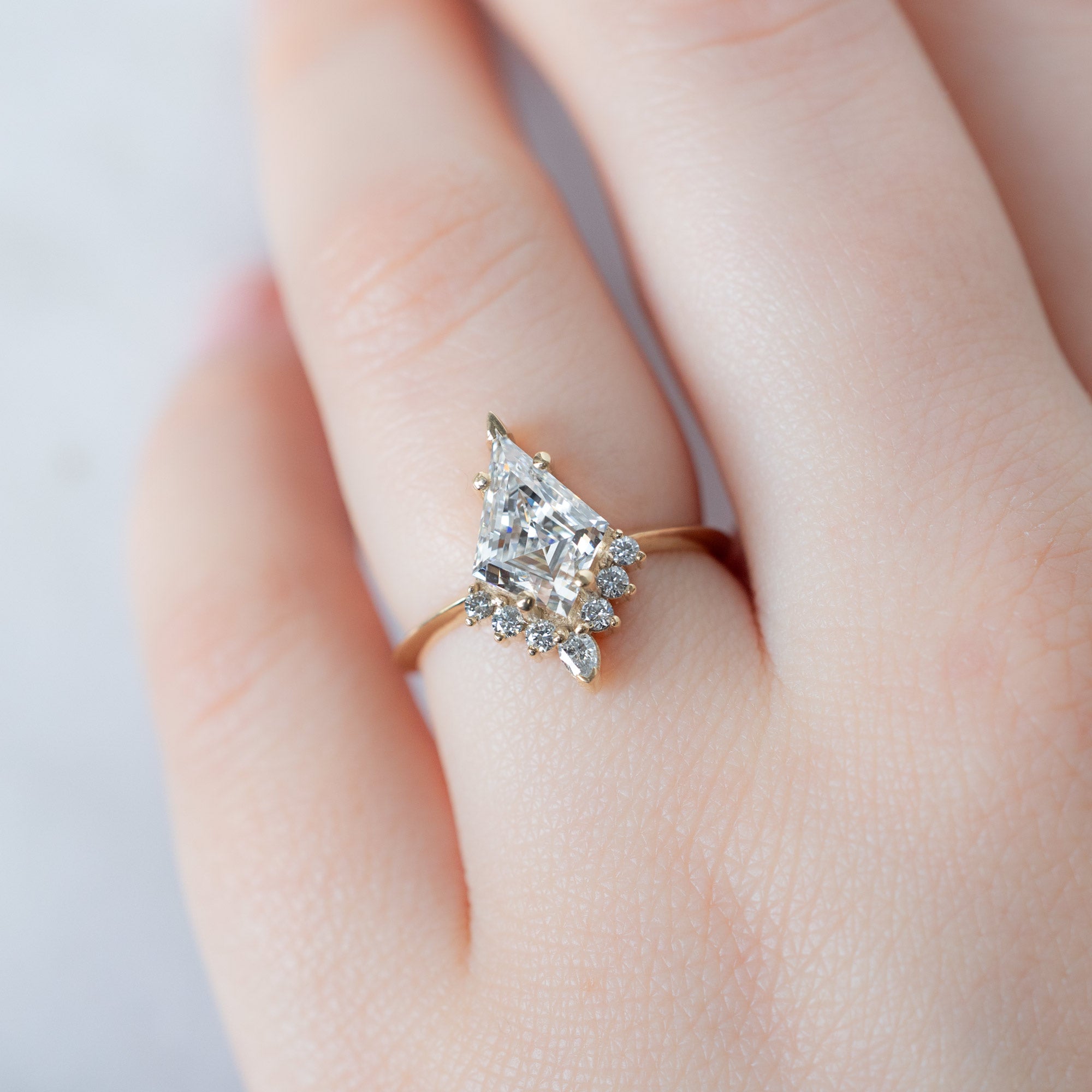 The Aster Ring with a 1.75ct Lab Grown Kite White Diamond in 14K Yellow Gold on Model