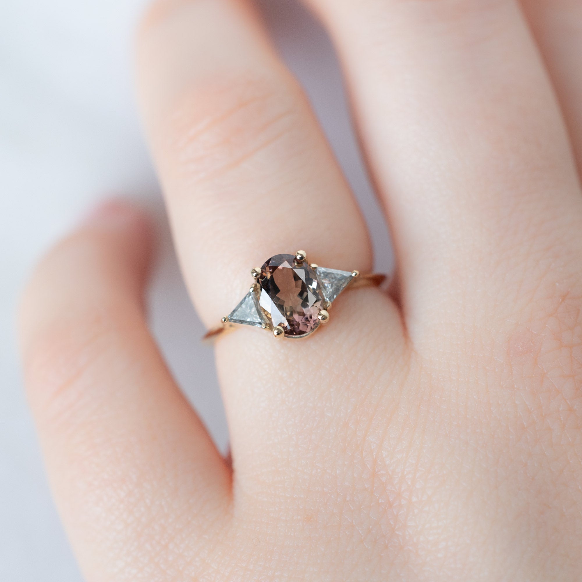 The Jade Ring with a 1.26ct Oval Bicolor Tourmaline in 14K Yellow Gold on Model