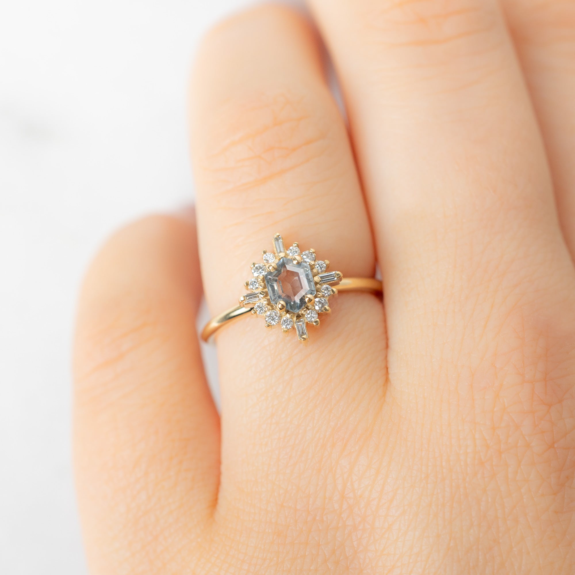 The Compass Ring with a 0.75ct Hexagon Grey Sapphire in 14K Yellow Gold on Model